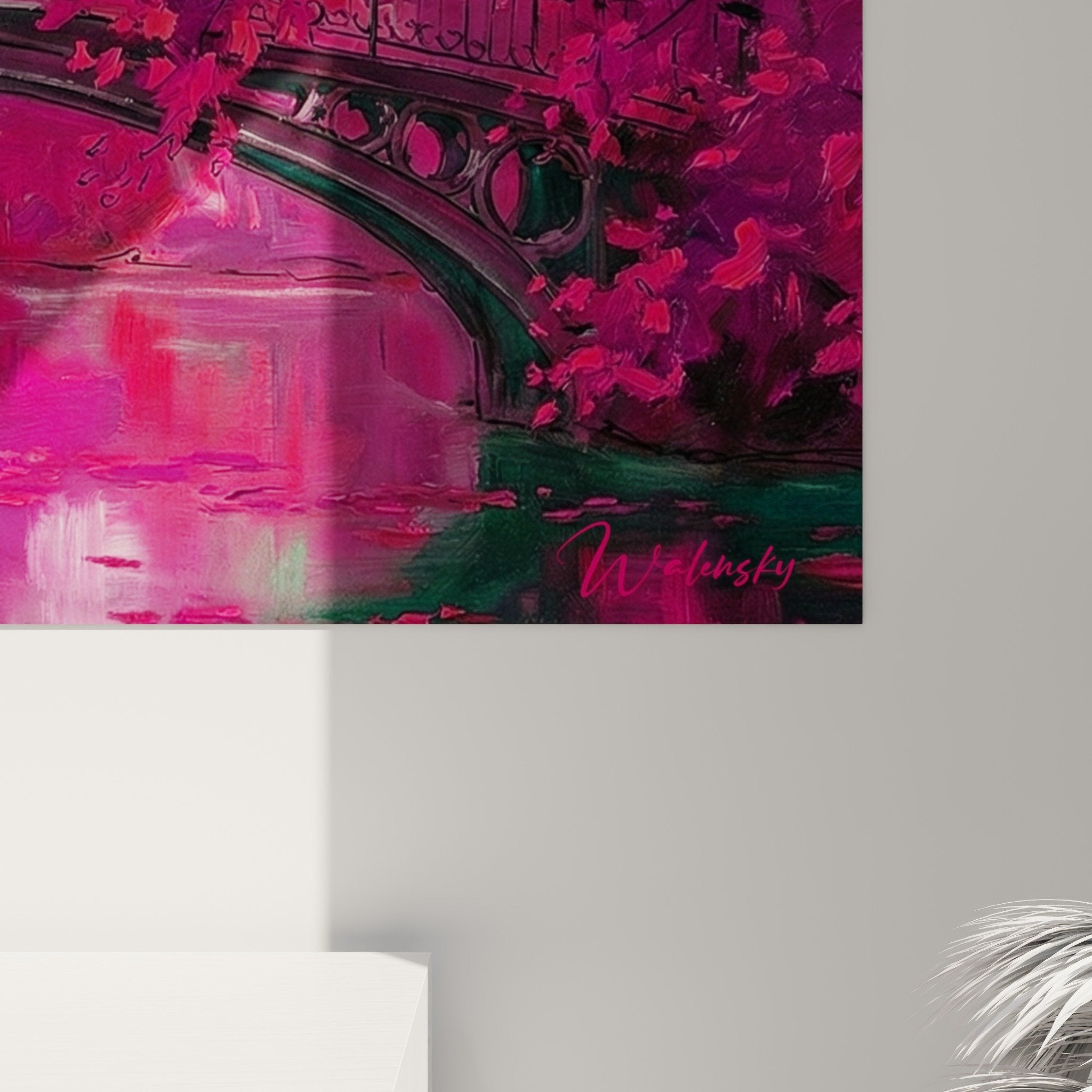 vue ensemble tableau pont roses fuchsia reflets eau decoration interieure romantique manhattan