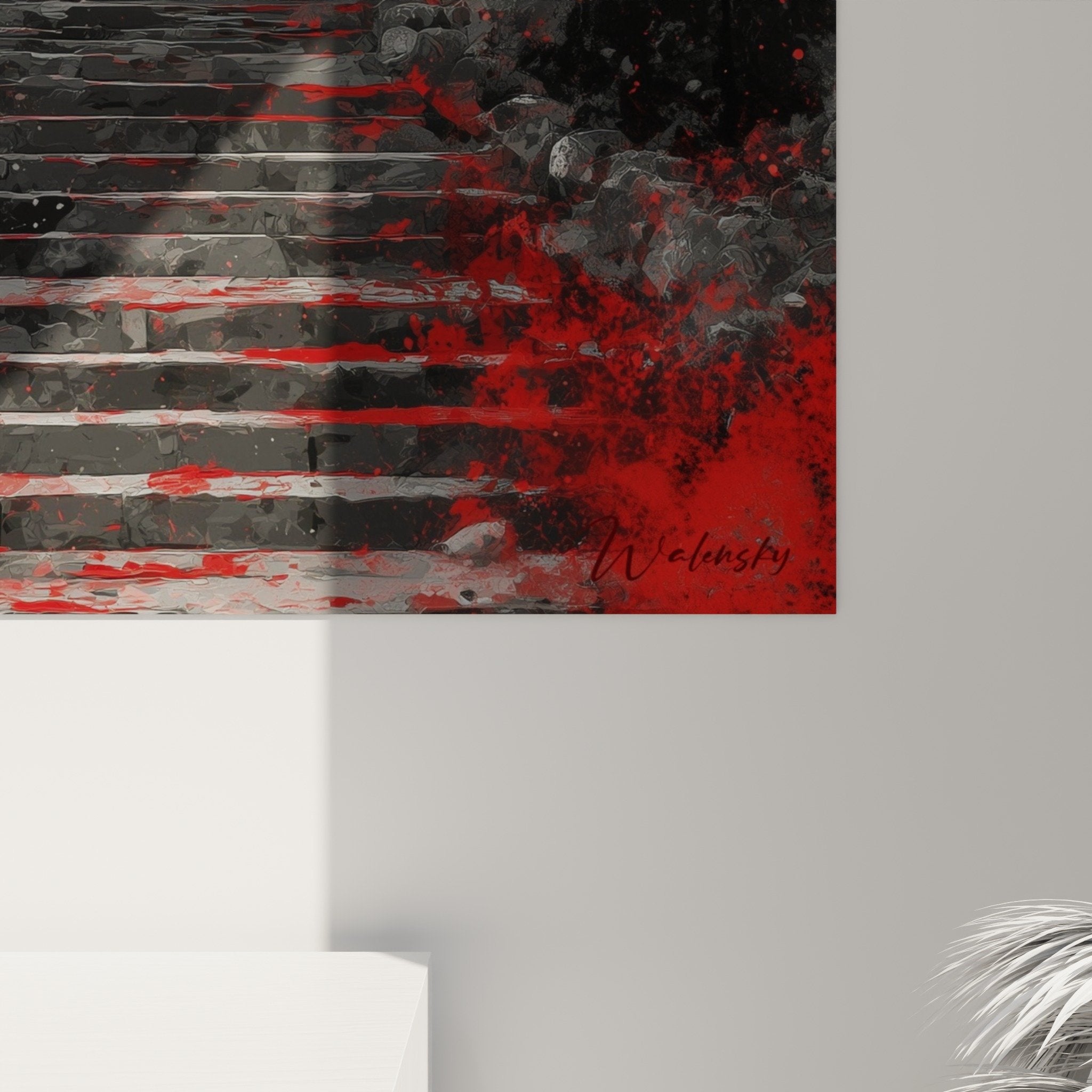 Vue ensemble tableau portail sacre japonais rouge sur mur blanc decoration interieur epure