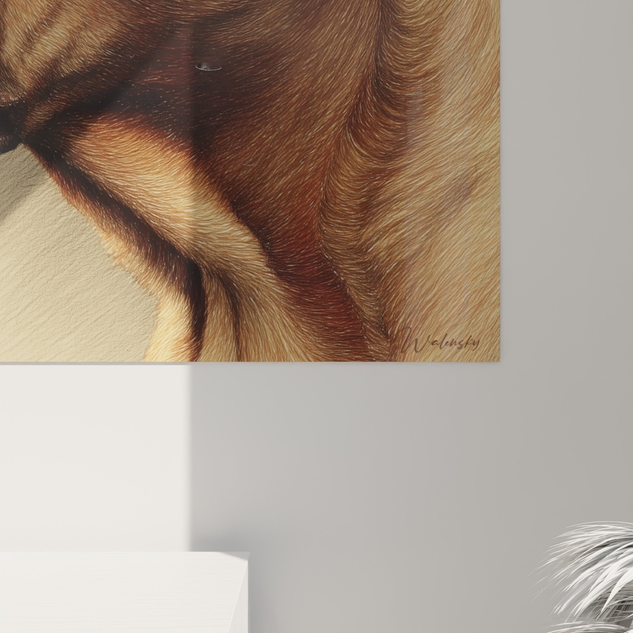 Vue ensemble tableau portrait canin fauve decoration interieur moderne style contemporain