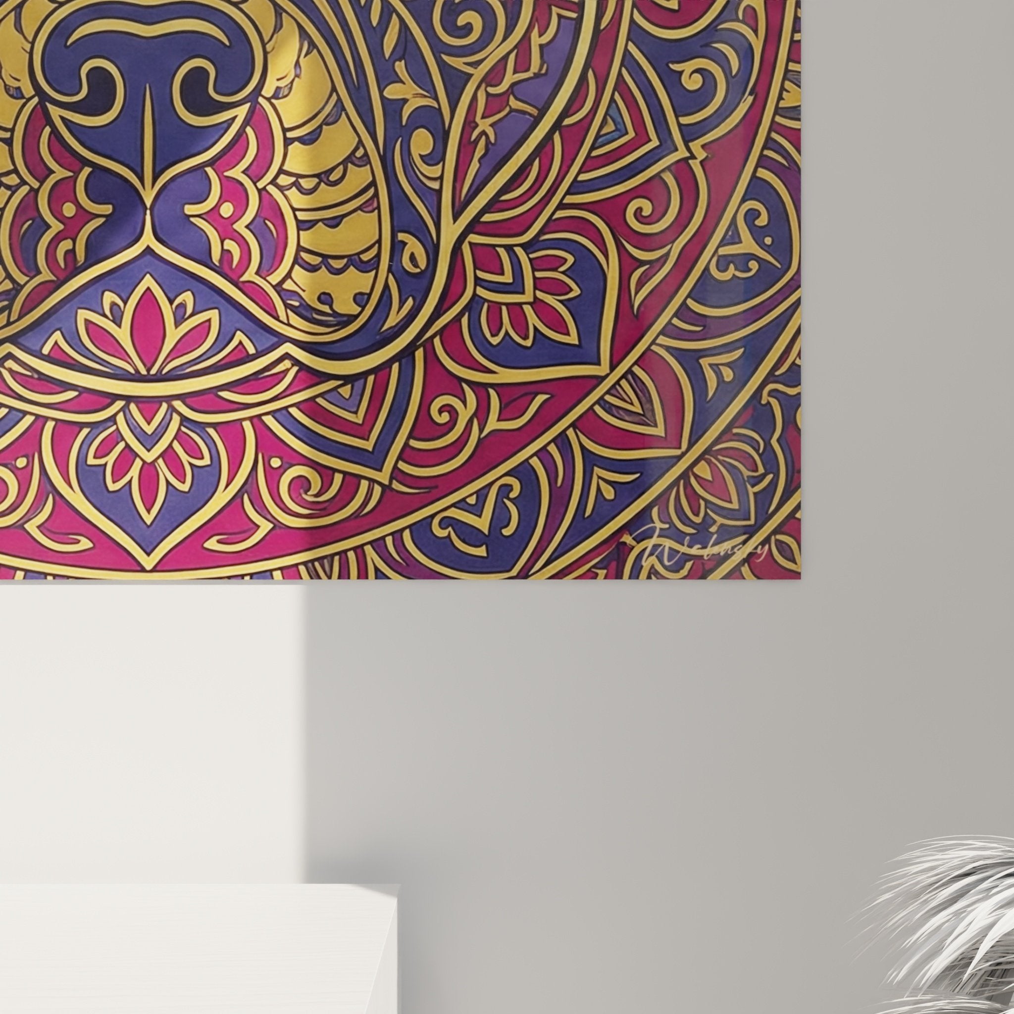 Gesamtansicht Porträt-Wandbild Hund Mandala orientalischer Stil Wanddekoration Bordeaux Gold