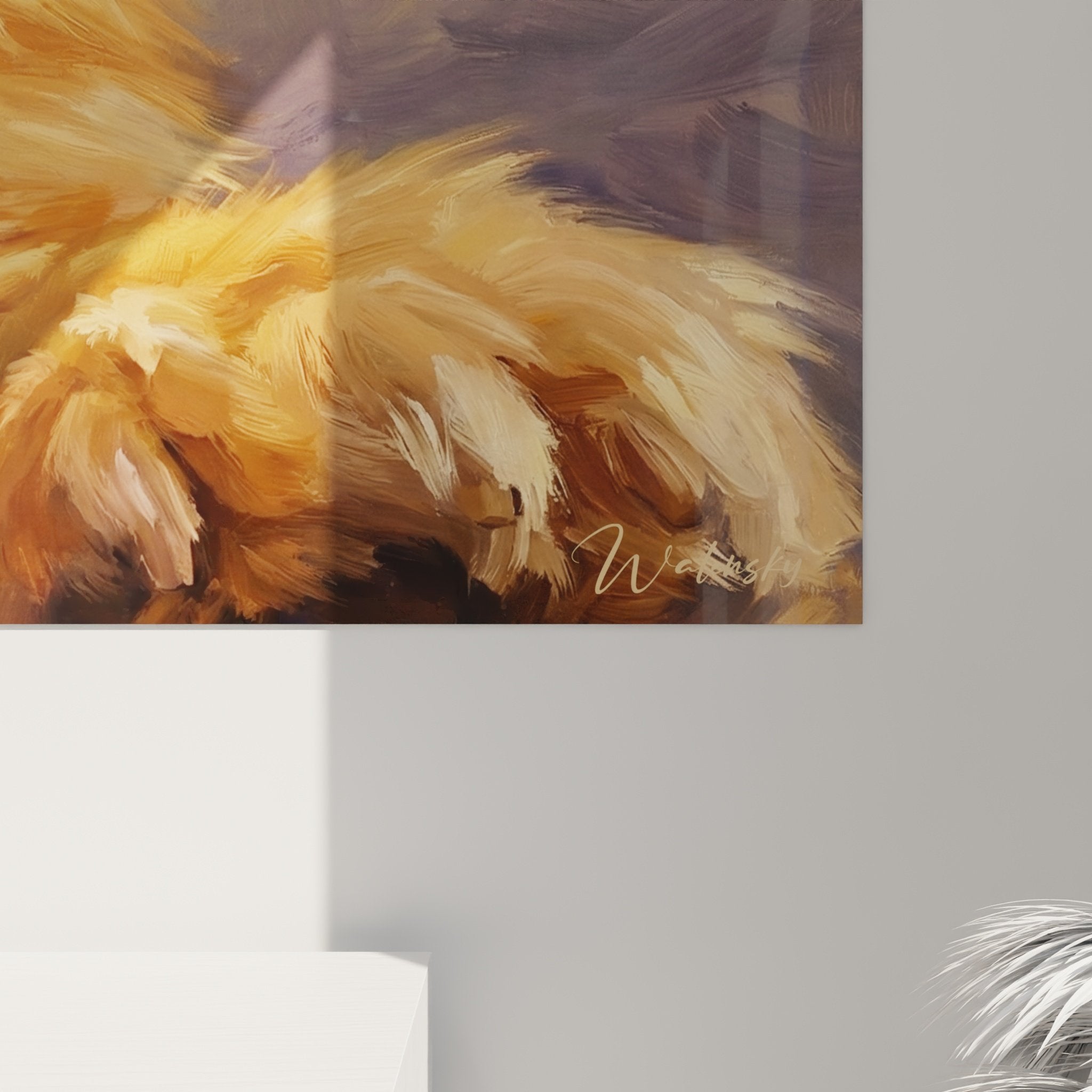 Vue ensemble tableau chien Spitz Pomeranien portrait artistique tons chauds decoration murale