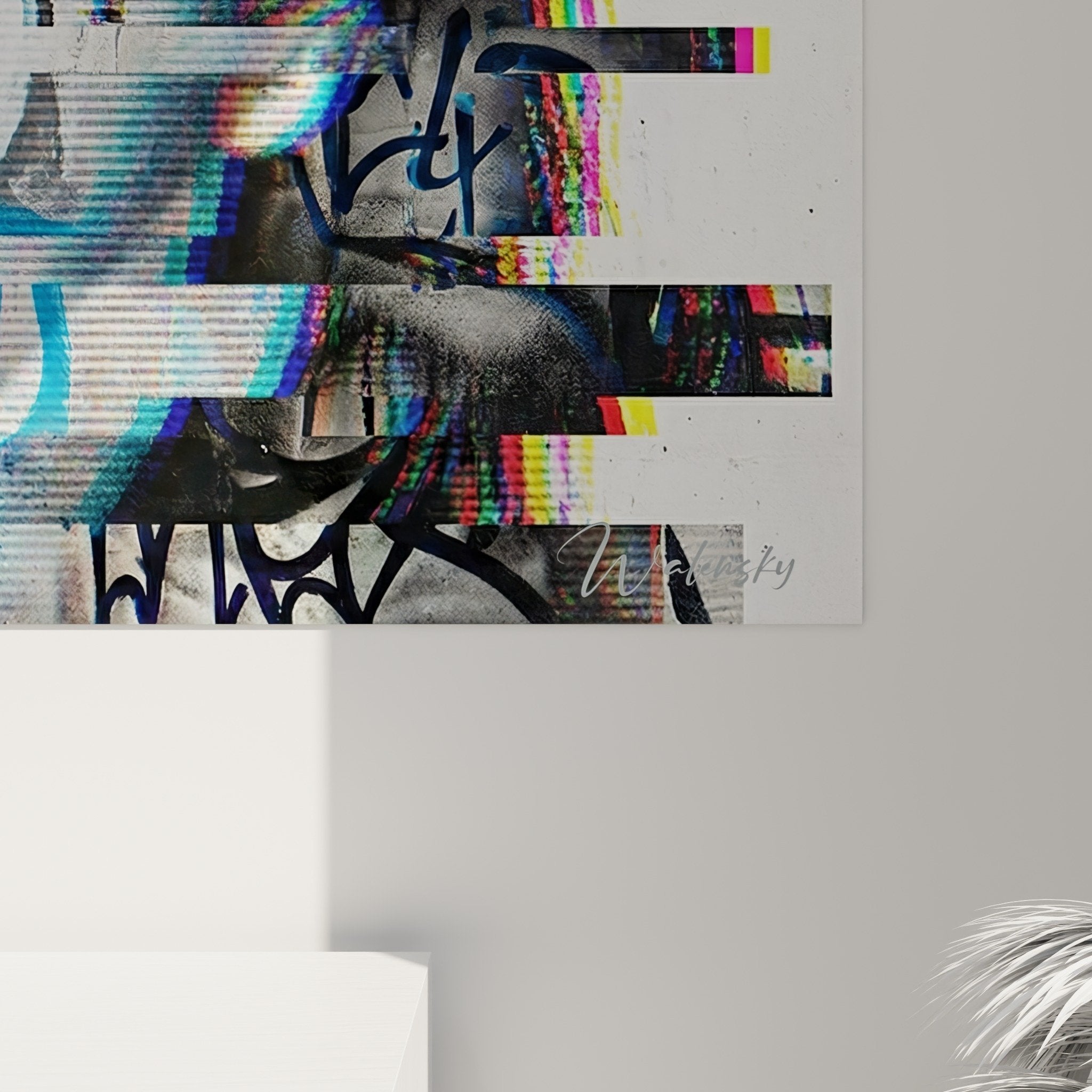 Vue ensemble tableau portrait femme street art glitch coloré décoration murale art urbain moderne effet pixel