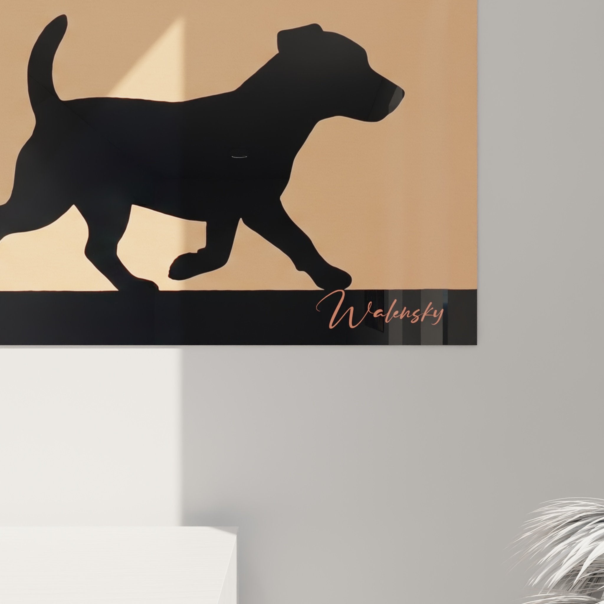 Vue ensemble tableau silhouette promenade homme Jack Russel teintes chaudes déco intérieur moderne