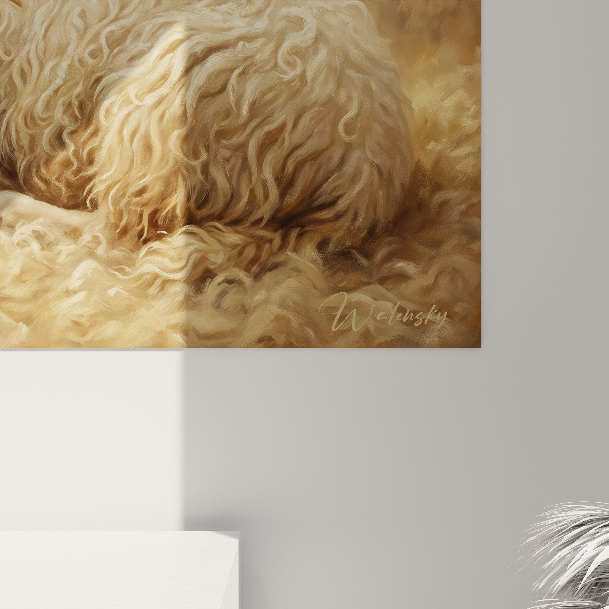 Vue ensemble tableau puli berger silhouette contre-jour chien repos paille tons beiges ocres chaleureux