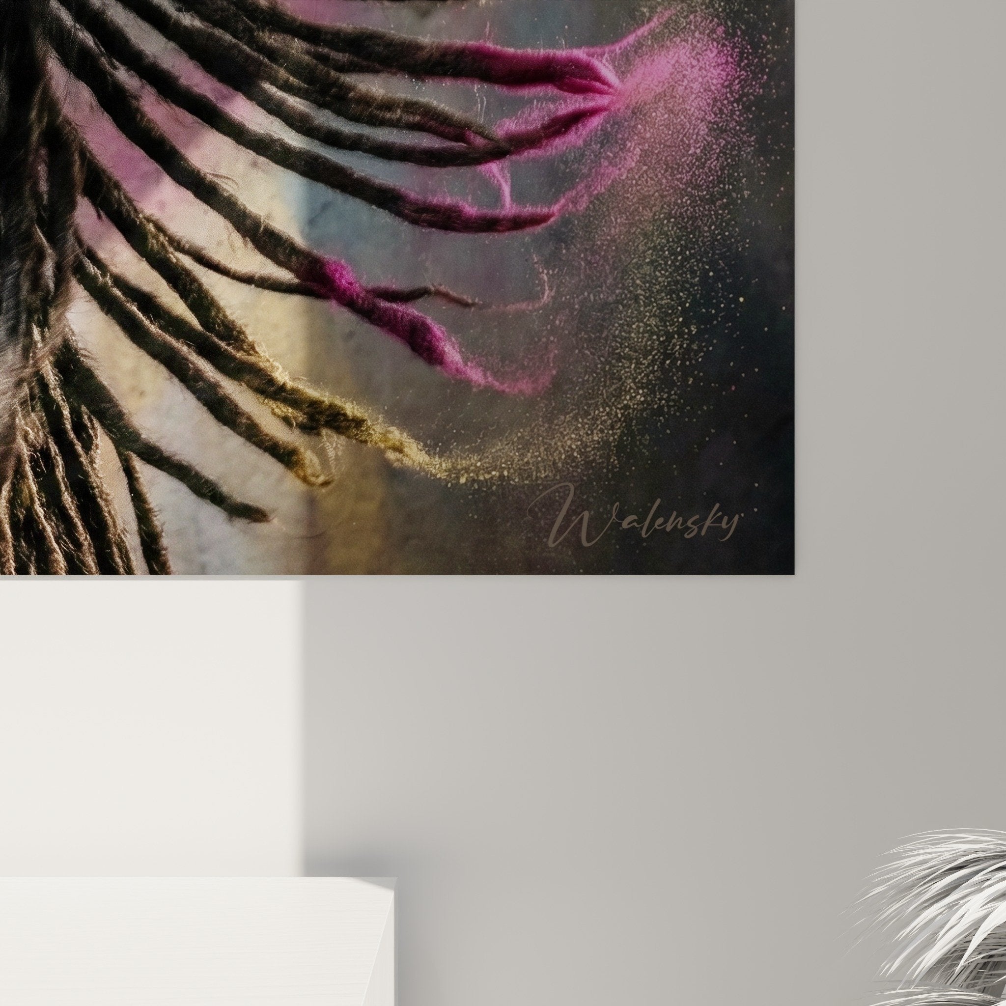 Gesamtansicht Gemälde Puli Street Art Dreadlocks Bewegung lebendige Farben Innendekoration