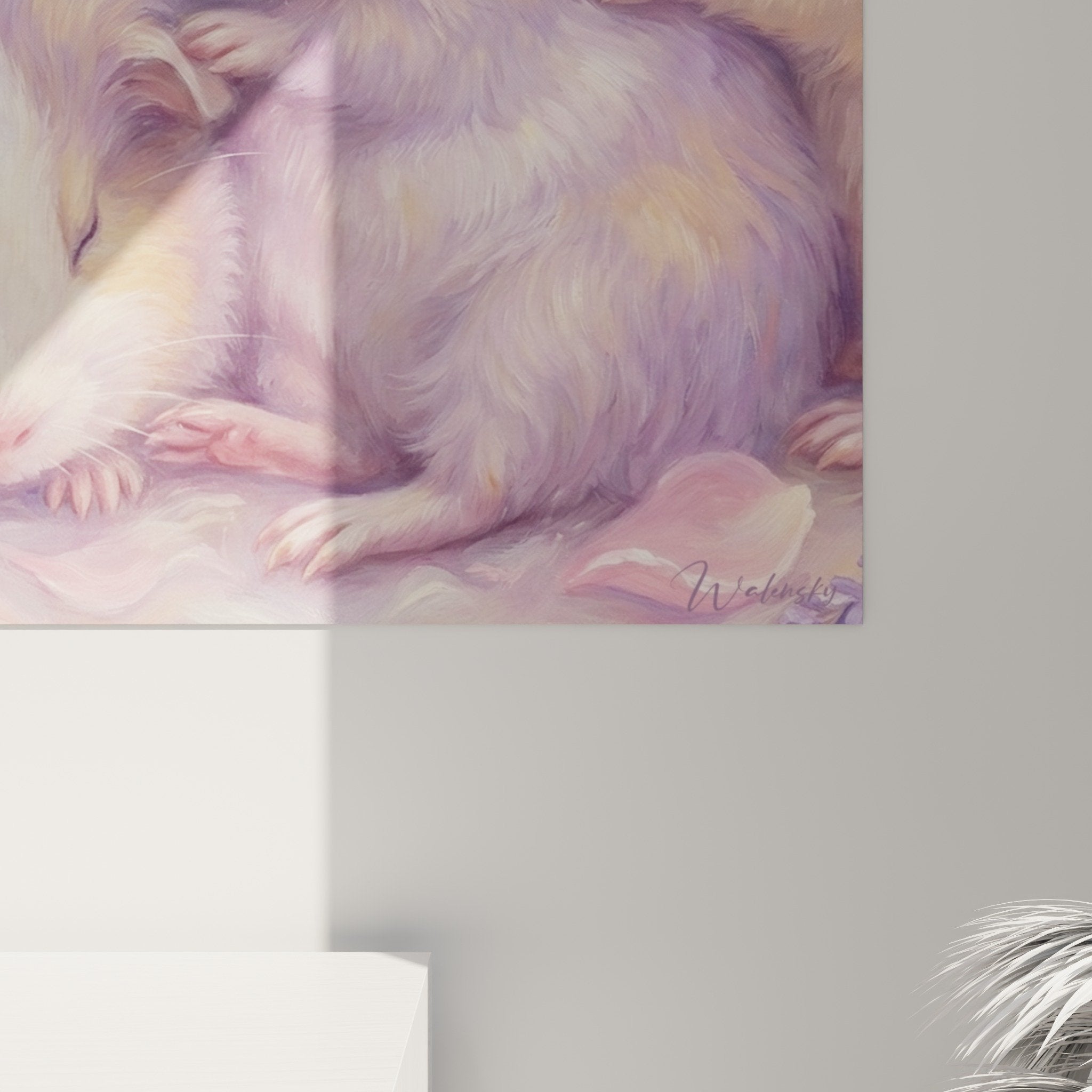 Gesamtansicht Gemälde Meerschweinchen Quartett schlafend Pastellpalette Inneneinrichtung