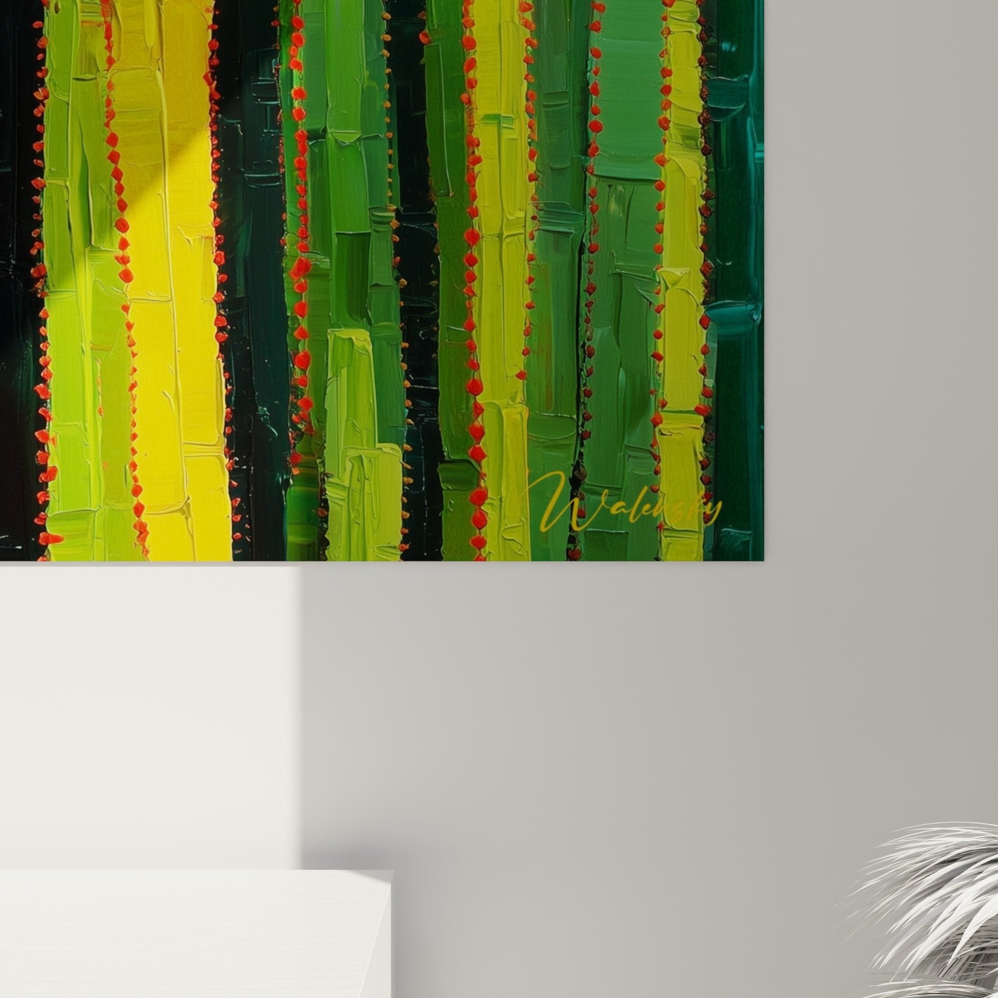 vue ensemble tableau rayures verticales multicolores jaunes verts decoration interieur moderne