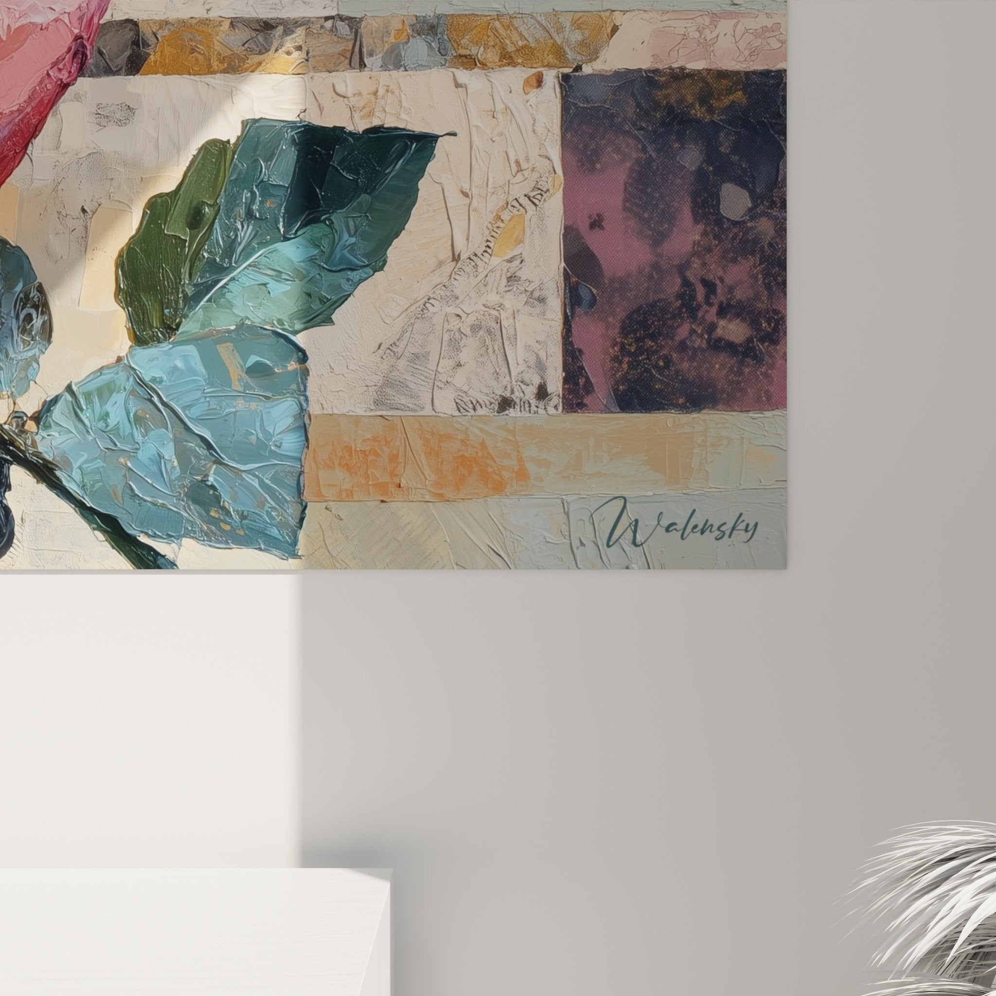 Gesamtansicht Panorama-Gemälde korallrosa Mosaik mehrfarbig Feng Shui Südwest Erde Wandkunst