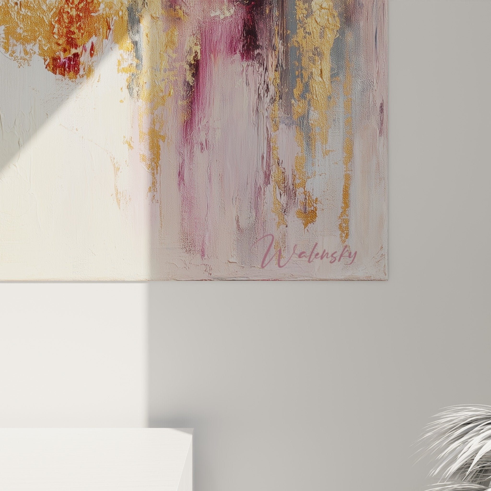 Vue ensemble tableau abstrait rose dore salon decoration harmonieuse feng shui