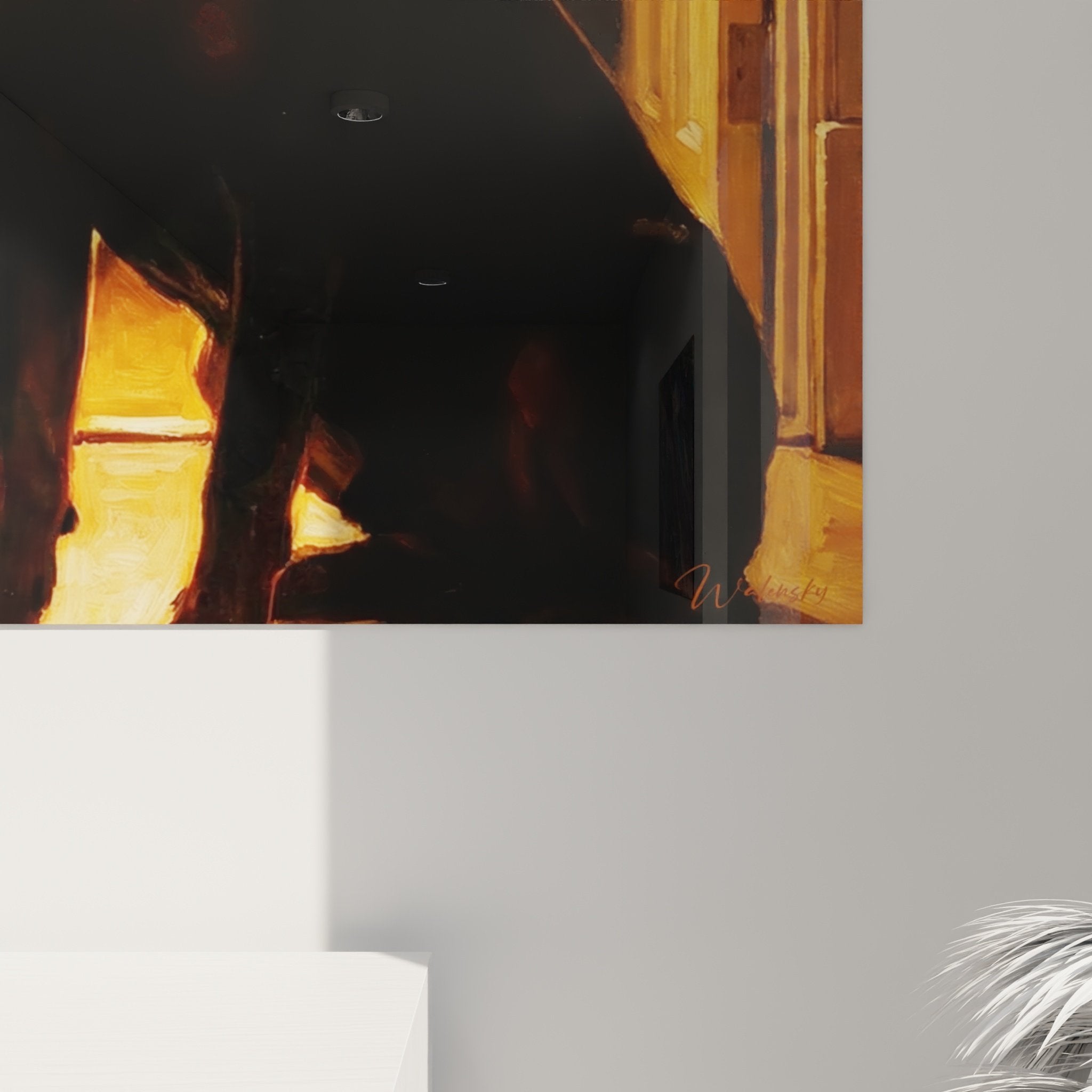 Vue ensemble tableau Rottweiler embrasure lumineuse decoration interieur moderne art mural canin