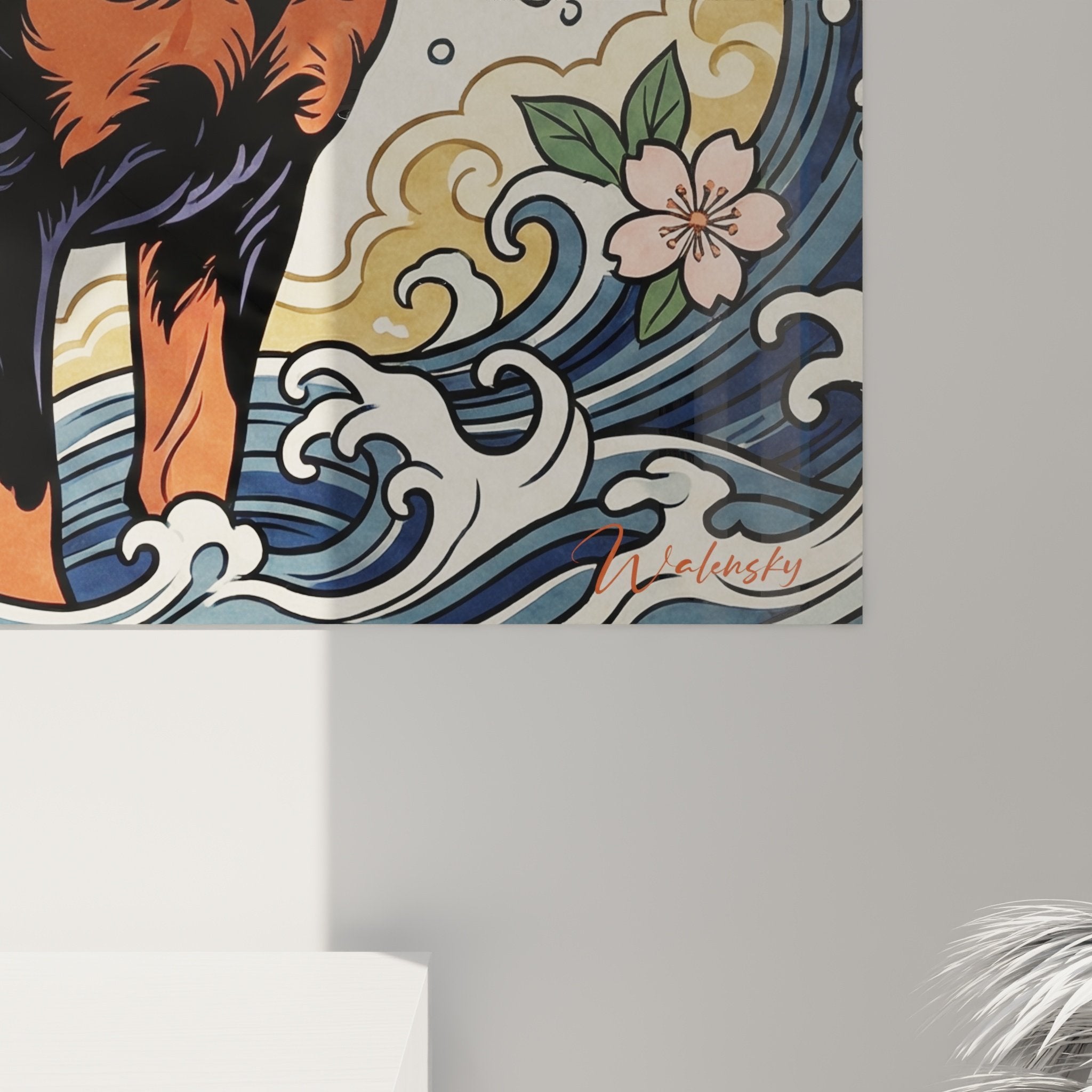 Vue ensemble tableau mural Rottweiler vagues stylisées décoration intérieur moderne