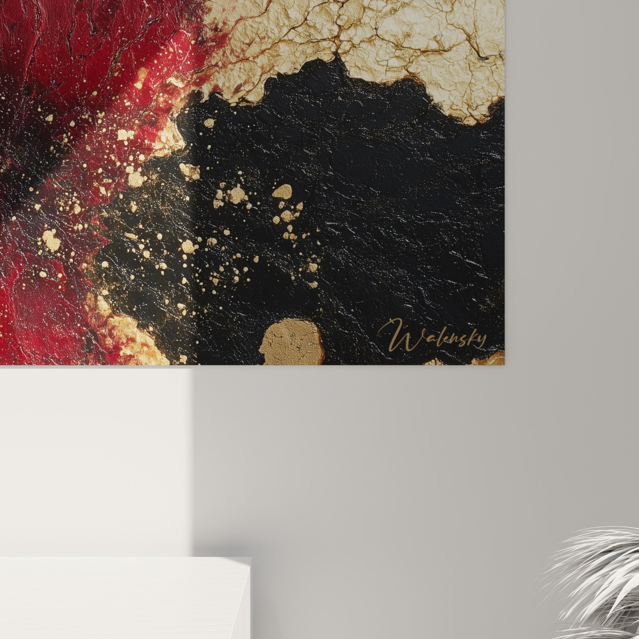 Vue ensemble tableau abstrait rouge bordeaux salon feng shui sud feu