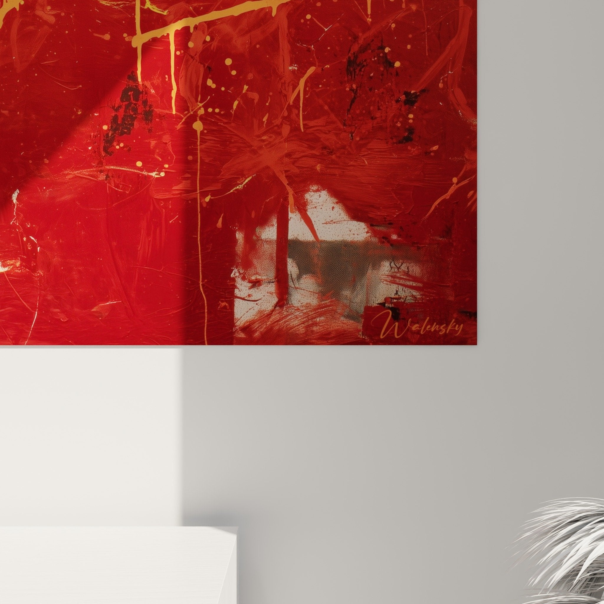 Vue ensemble tableau abstrait rouge flamboyant décoration murale feng shui sud feu
