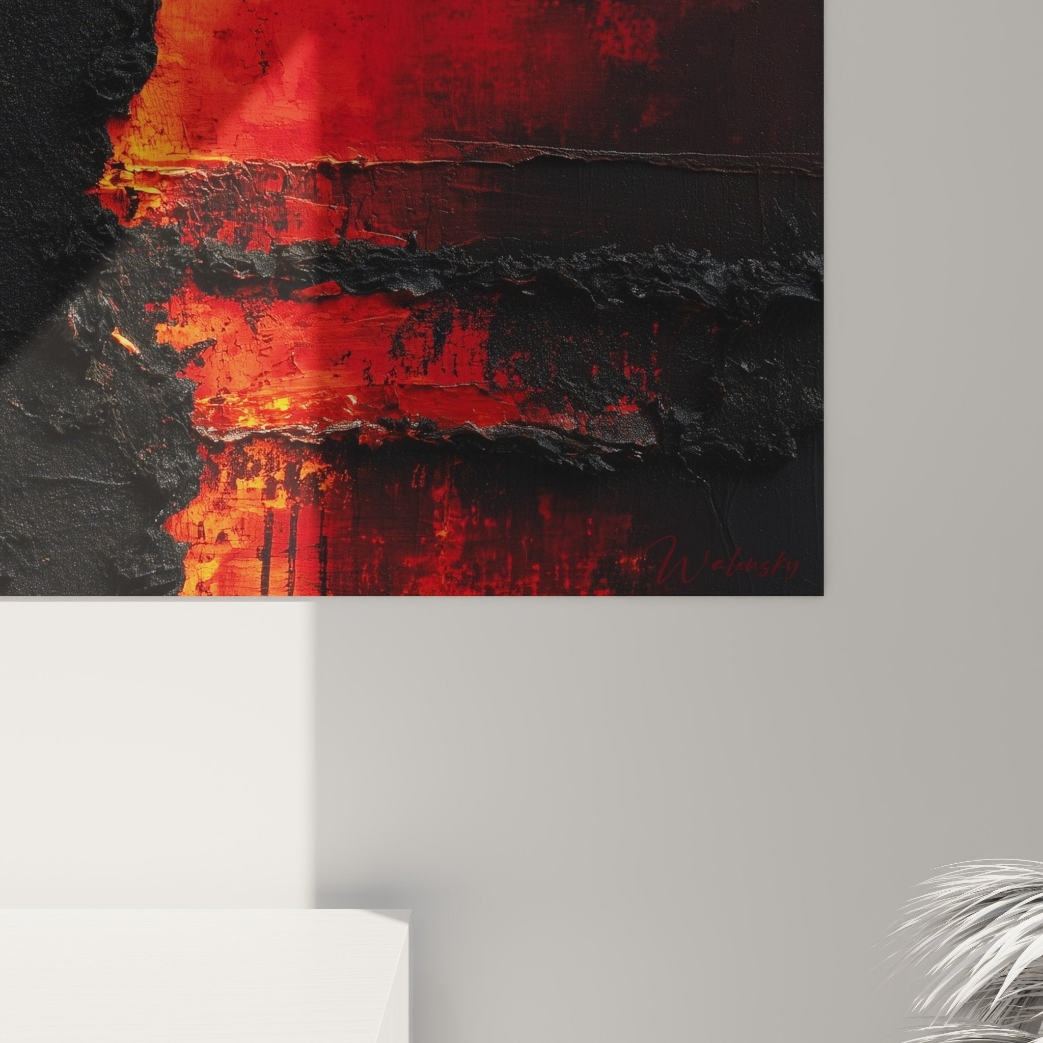 Vue ensemble tableau abstrait rouge incandescent noir profond composition moderne feng shui sud feu
