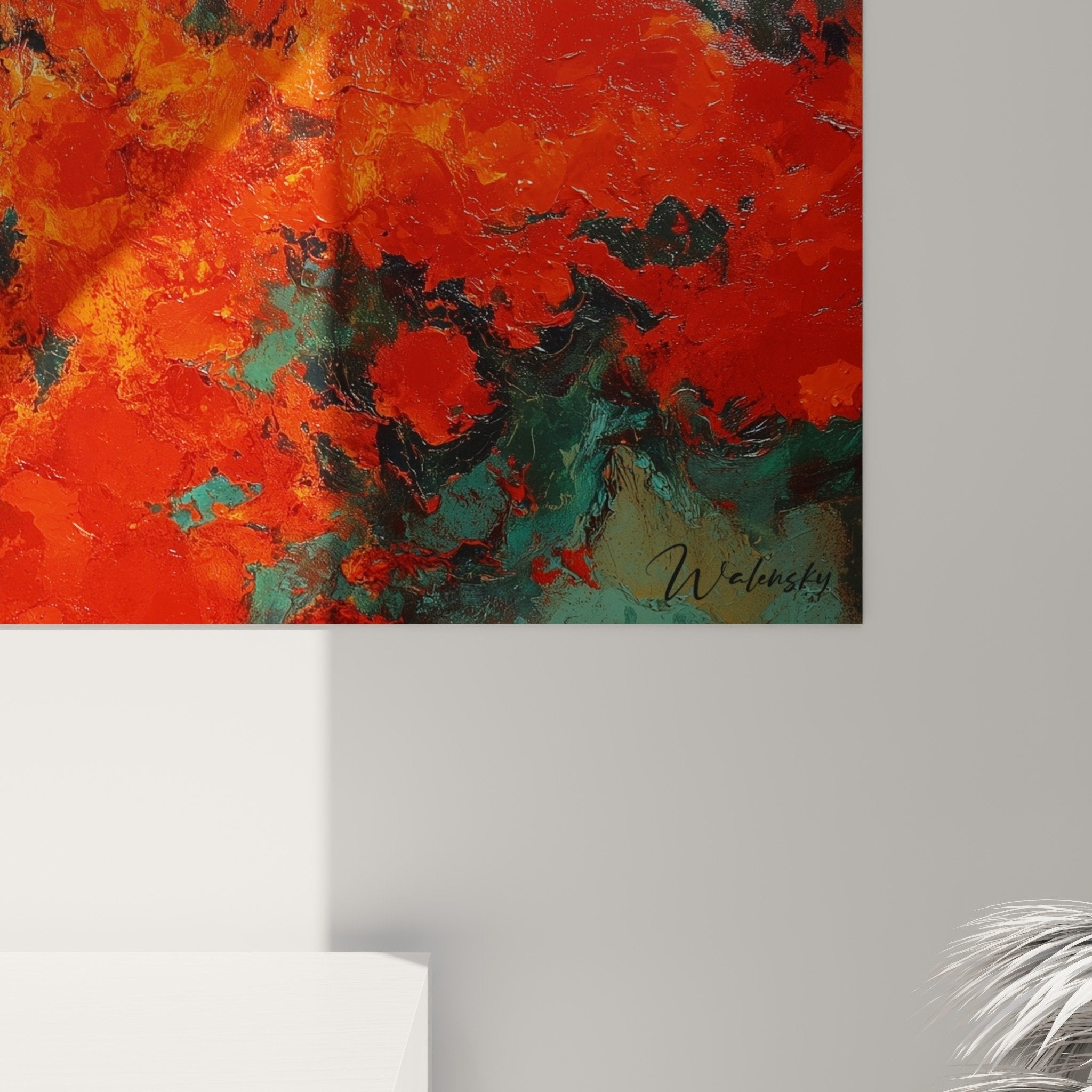 vue ensemble tableau abstrait rouge turquoise salon moderne decoration feng shui sud feu art mural contemporain