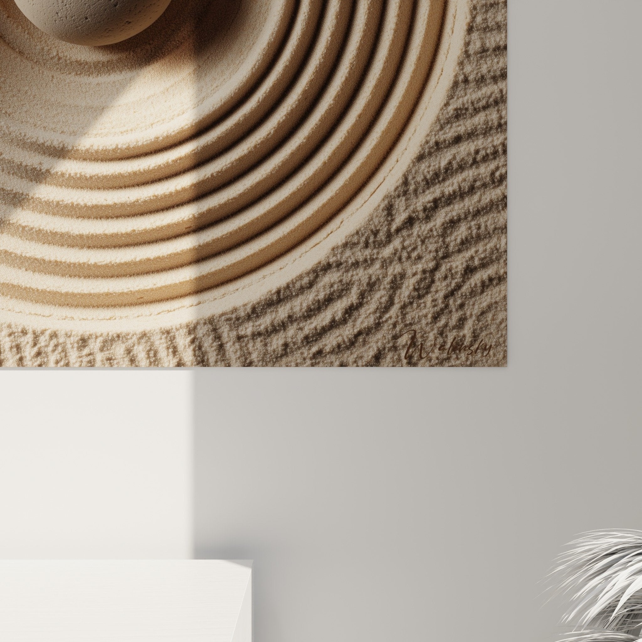 vue ensemble tableau mural sable cercles géométriques décoration intérieur moderne zen