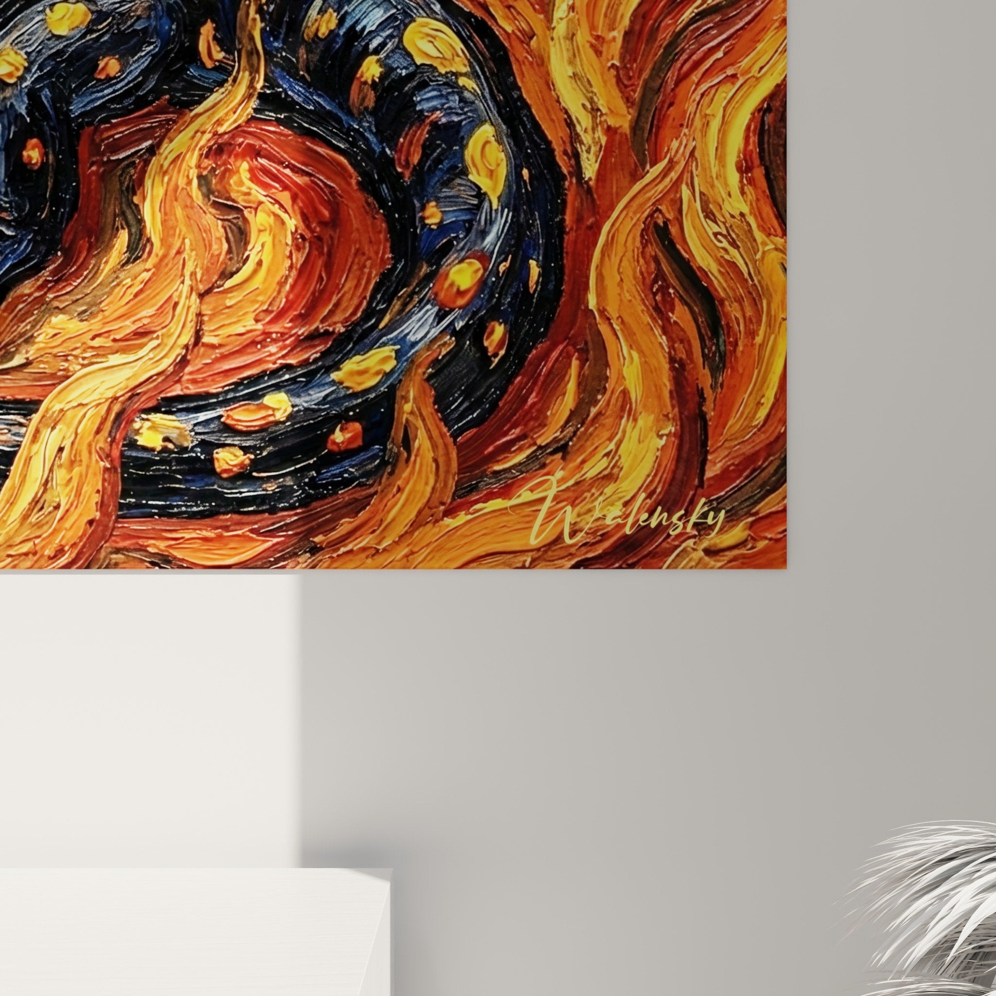 Vue ensemble tableau salamandre feu tourbillons bleus orange contraste dramatique art mural contemporain