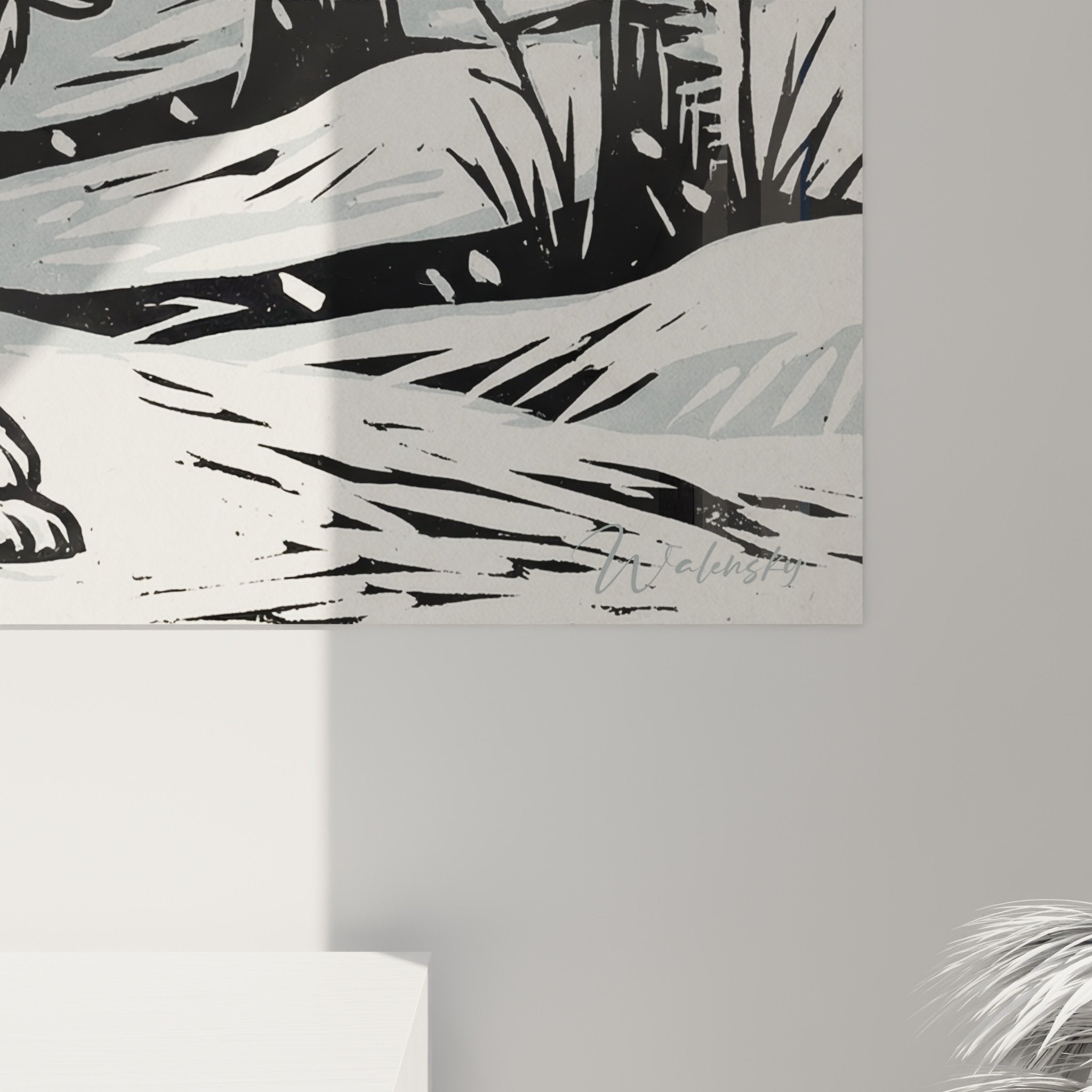 Vue ensemble tableau mural Samoyede foret hiver decoration interieur contemporain