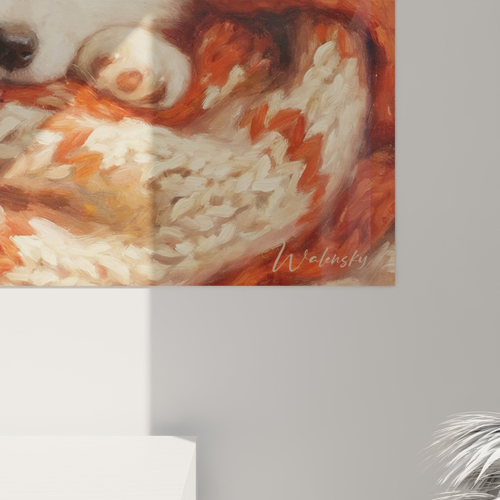 Vue ensemble tableau samoyede couverture orange decoration murale art animalier tons terre cuite