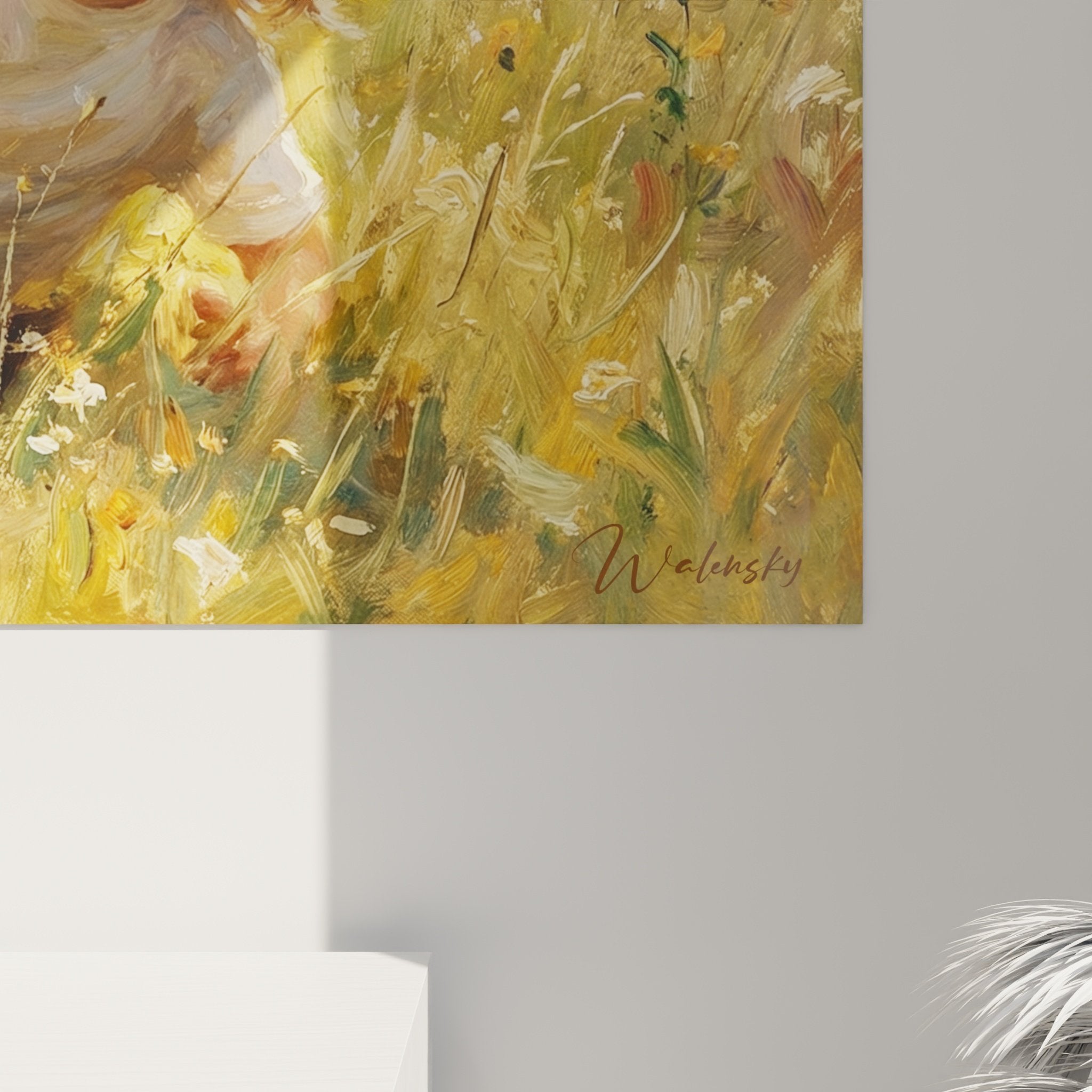 Vue ensemble tableau enfant samoyede prairie doree decoration interieur salon style champetre lumineux