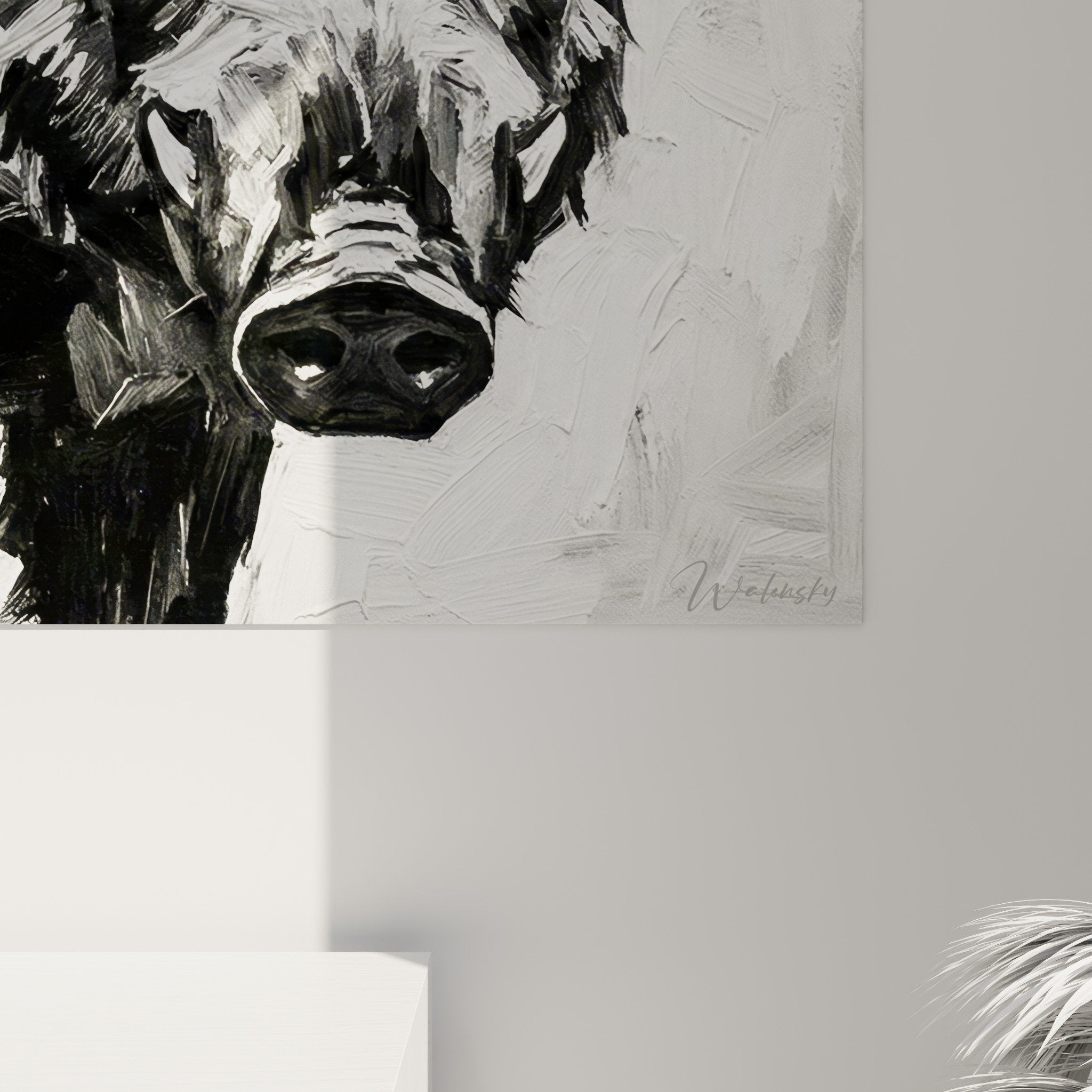 Wild boar black and white wall art expressive animal painting overall view