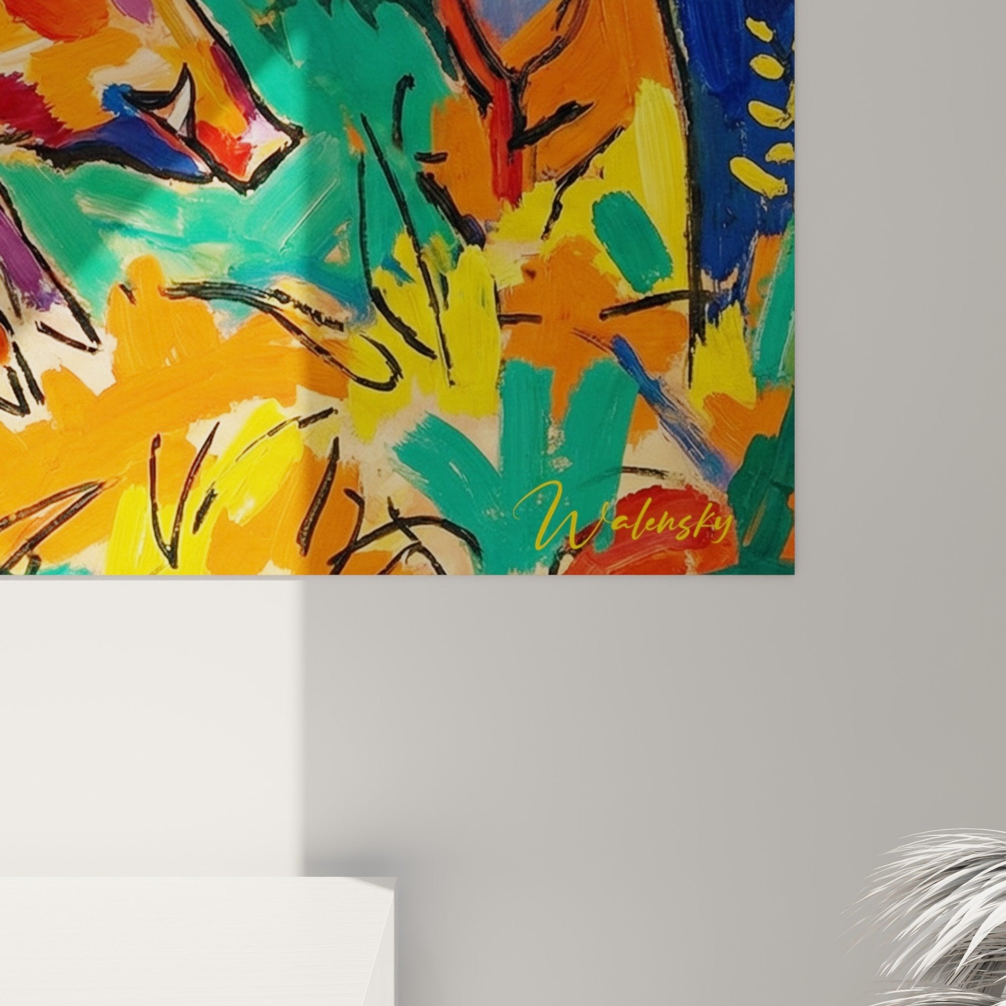 Gesamtansicht expressionistisches Wildschwein-Gemälde mehrfarbig stilisierter Wald Wandkunst Innenraumdekoration