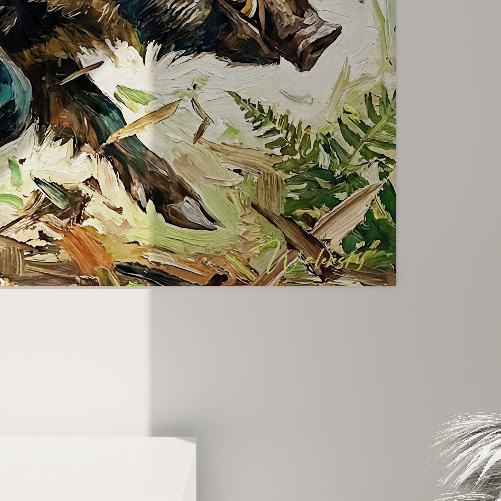 Full view wild boar forest ferns wall art, animal wall decor, wild nature interior decoration