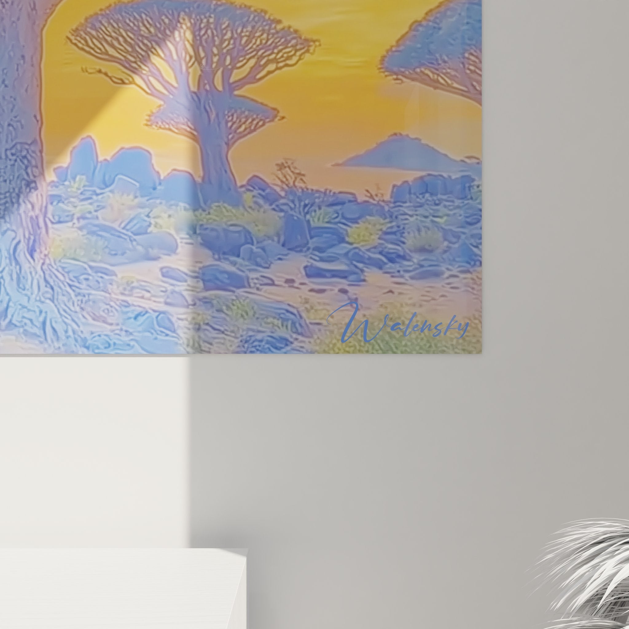 Vue ensemble tableau mural savane africaine avec arbre parasol et éléphants stylisés