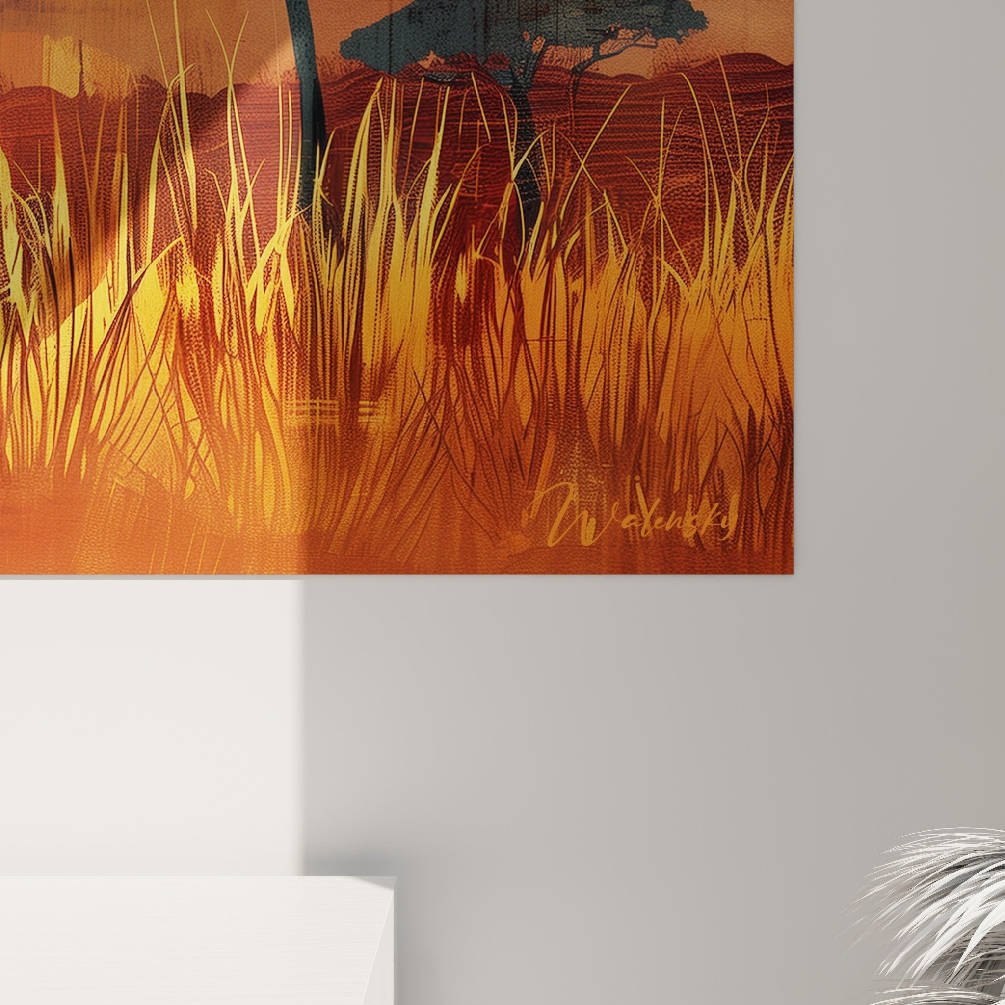 Vue ensemble tableau savane africaine tons ocre beige décoration intérieur ethnique chic