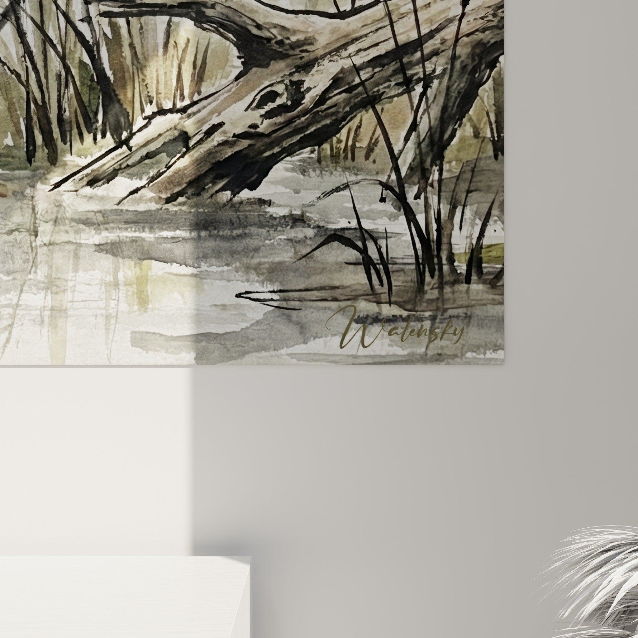 Gesamtansicht Aquarellgemälde Seenlandschaft Schifffahrt Paddel neblige Atmosphäre Paddeln
