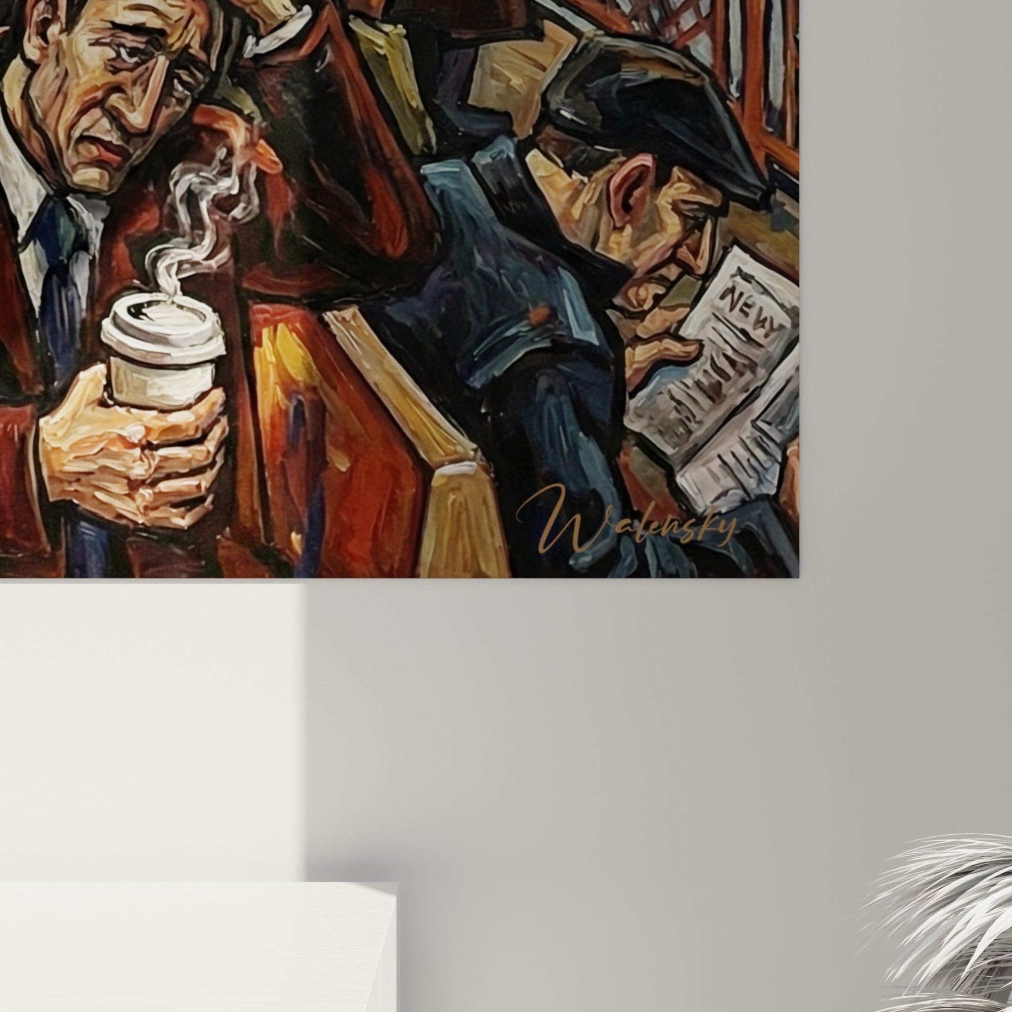 Vue ensemble tableau scene metro urbain decoration murale tons ocres salon moderne edition saten island