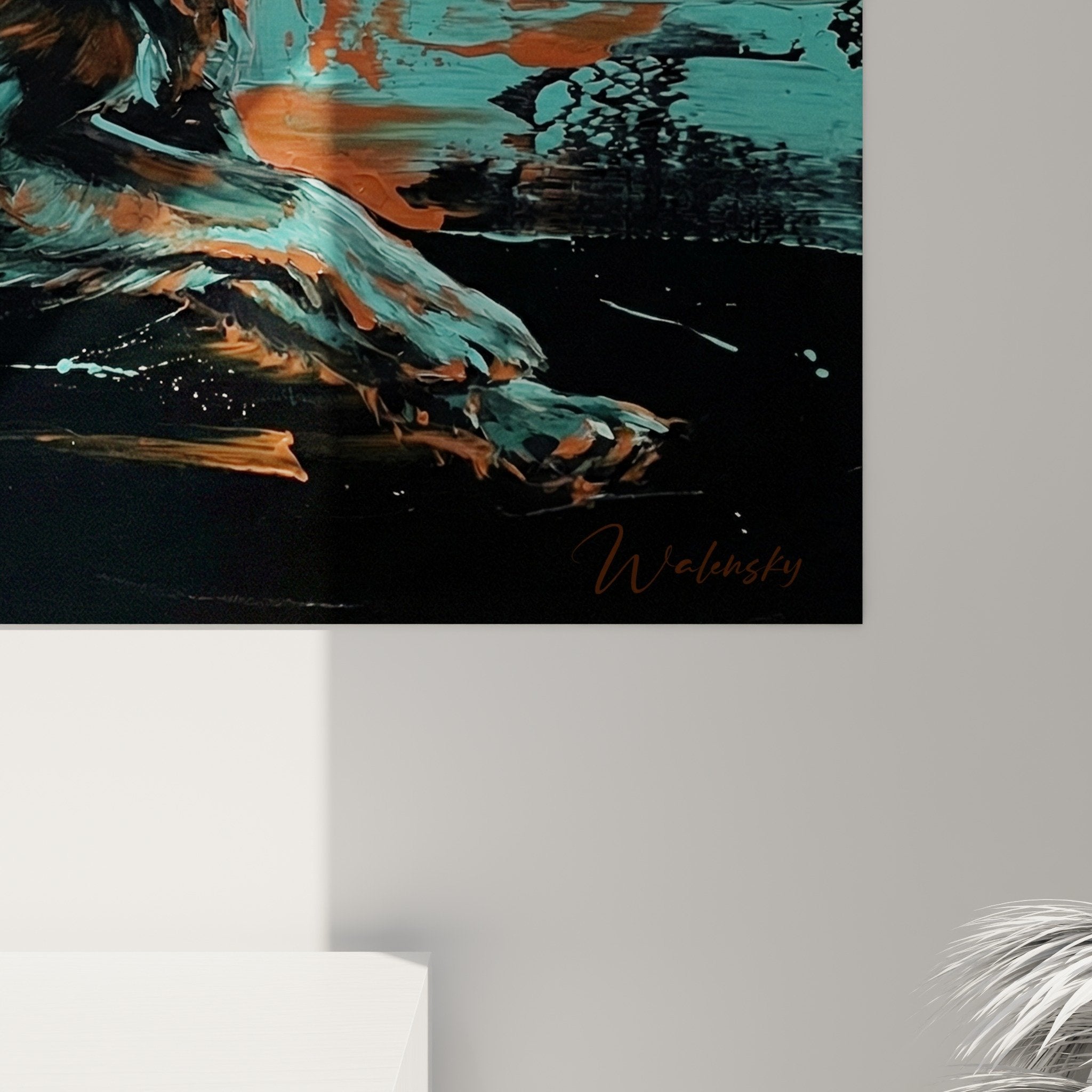 Vue ensemble tableau Schipperke dynamique turquoise orange decoration murale moderne