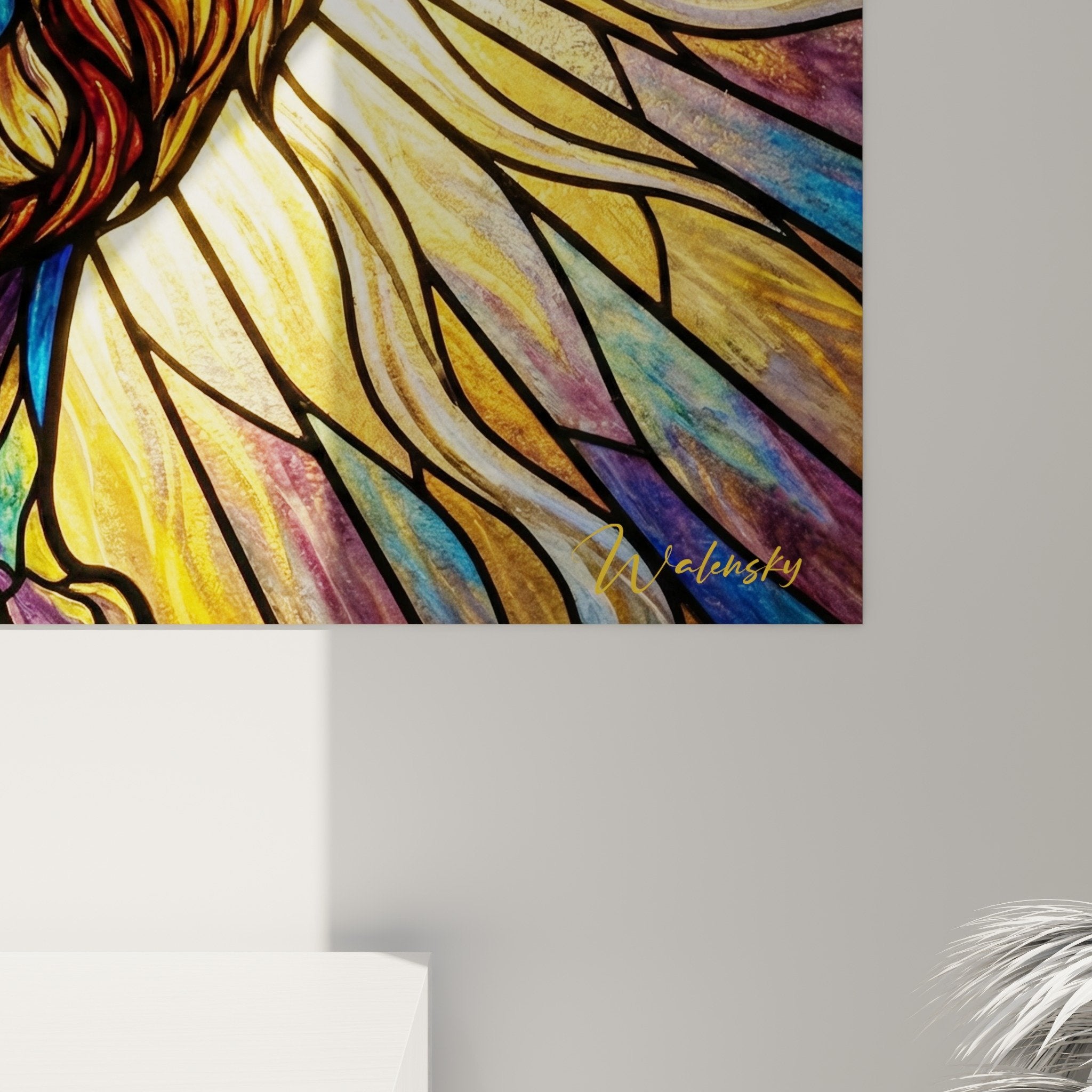 Vue ensemble tableau mural schipperke lumineux style cathedrale rayons dores decoration moderne