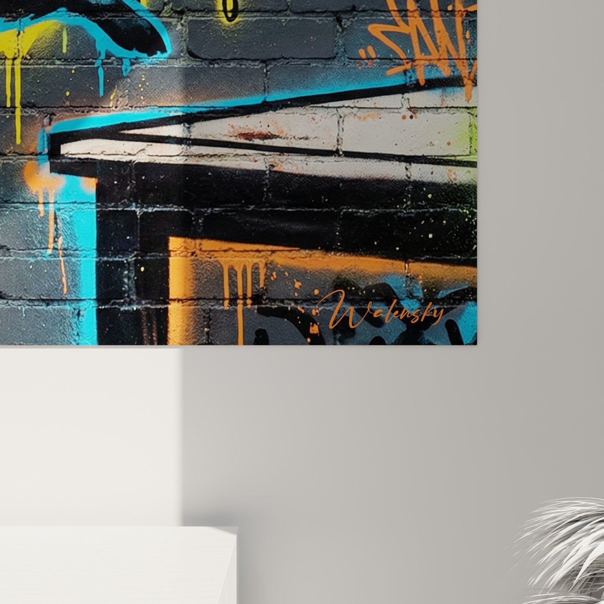 Vue tableau Schipperke pizza art urbain mur briques tags multicolores