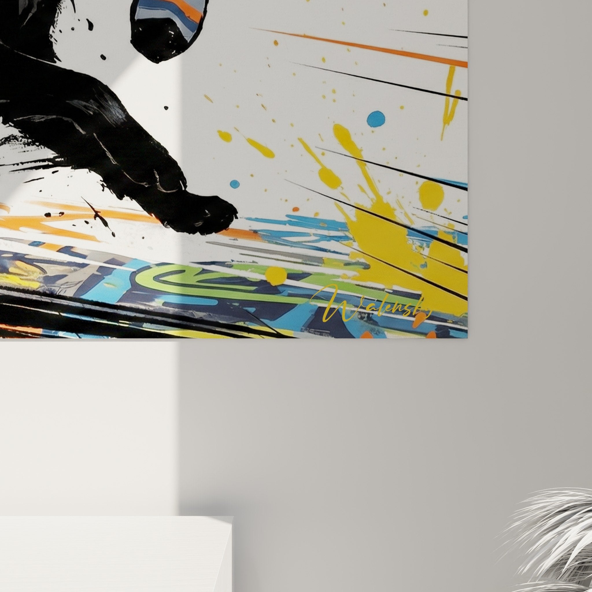 Gesamtansicht Schipperke-Kunstwerk urbane Graffiti-Kunst mehrfarbig an weißer Wand Innenraumdekoration