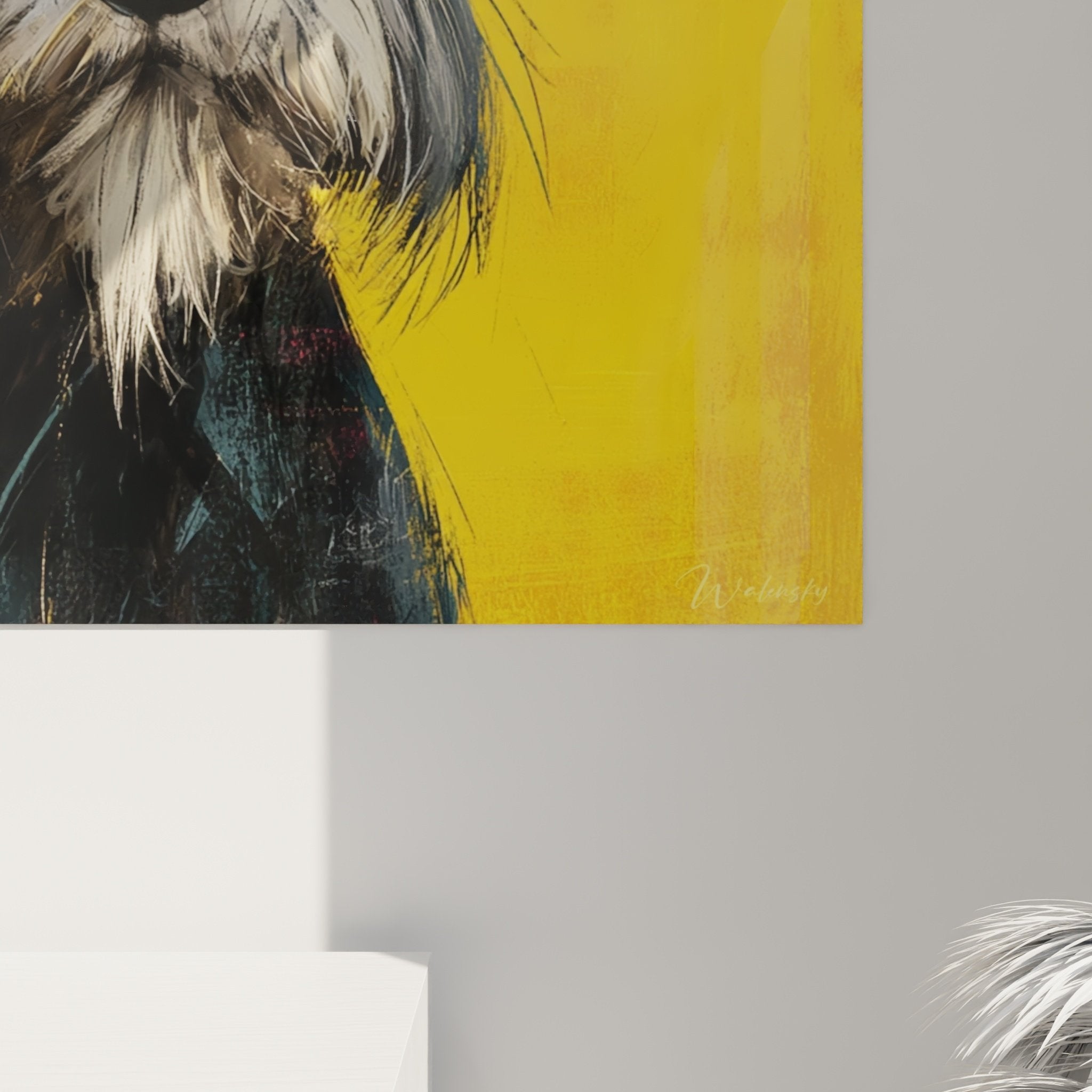 Vue ensemble tableau Schnauzer portrait canin moderne fond jaune dore decoration interieur contemporain