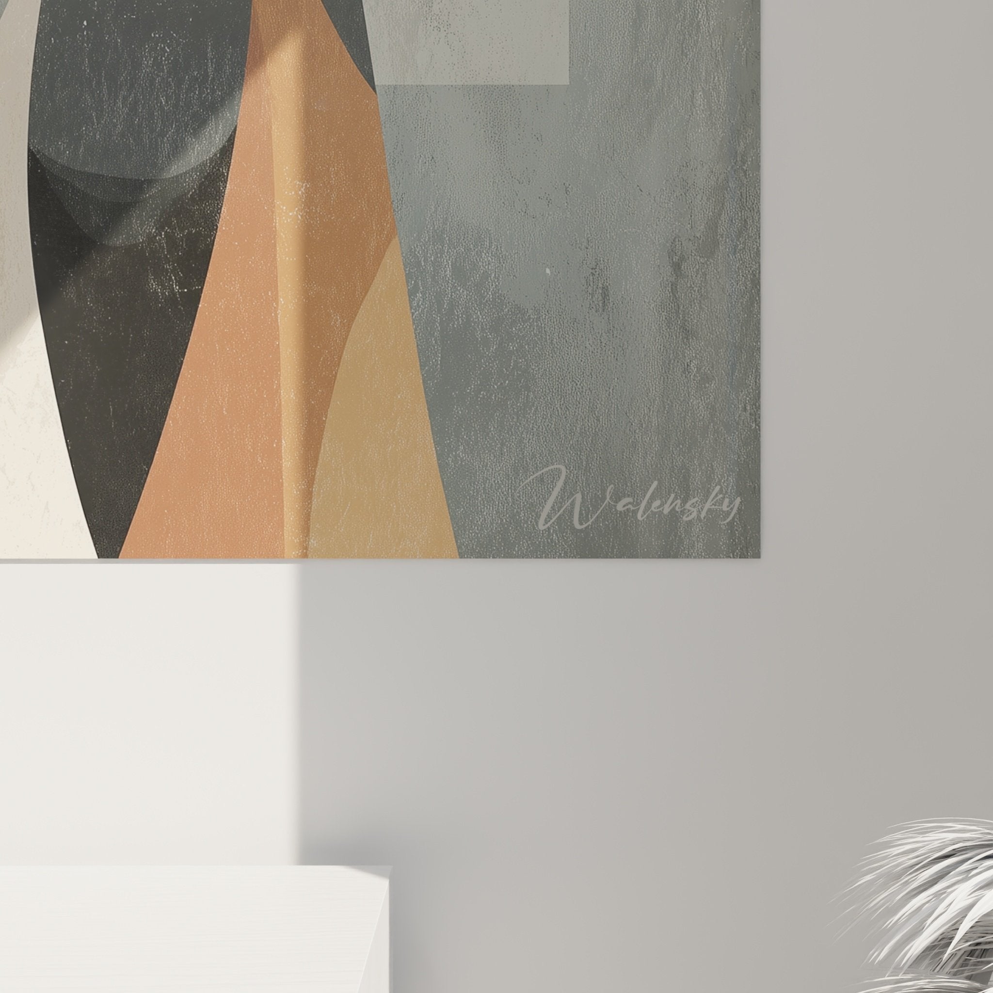Vue d'ensemble du tableau Schnauzer géométrique sur mur, illustration de l'intégration dans décoration contemporaine