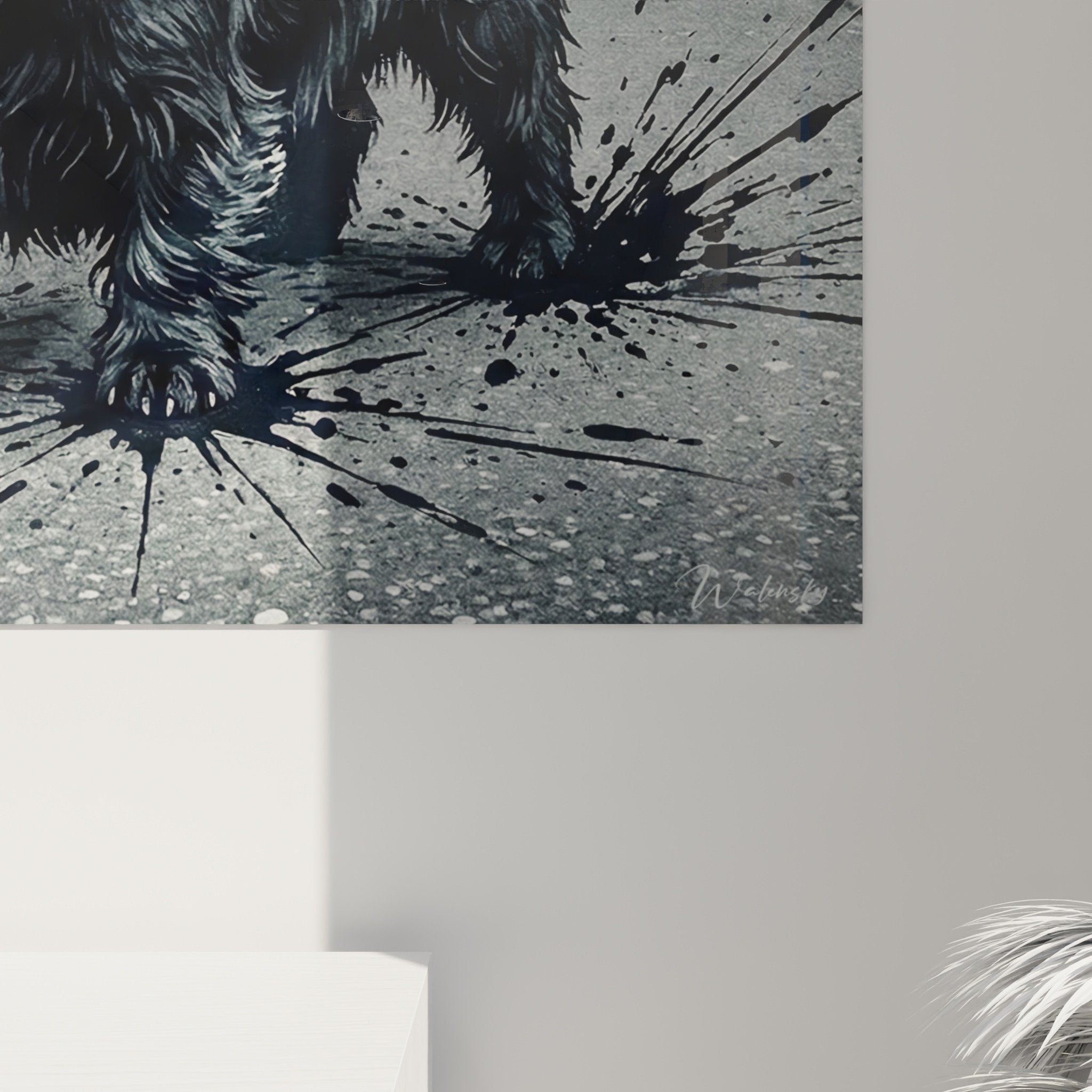 Vue ensemble tableau Scottish Terrier noir mur briques grises decoration interieur moderne loft urbain