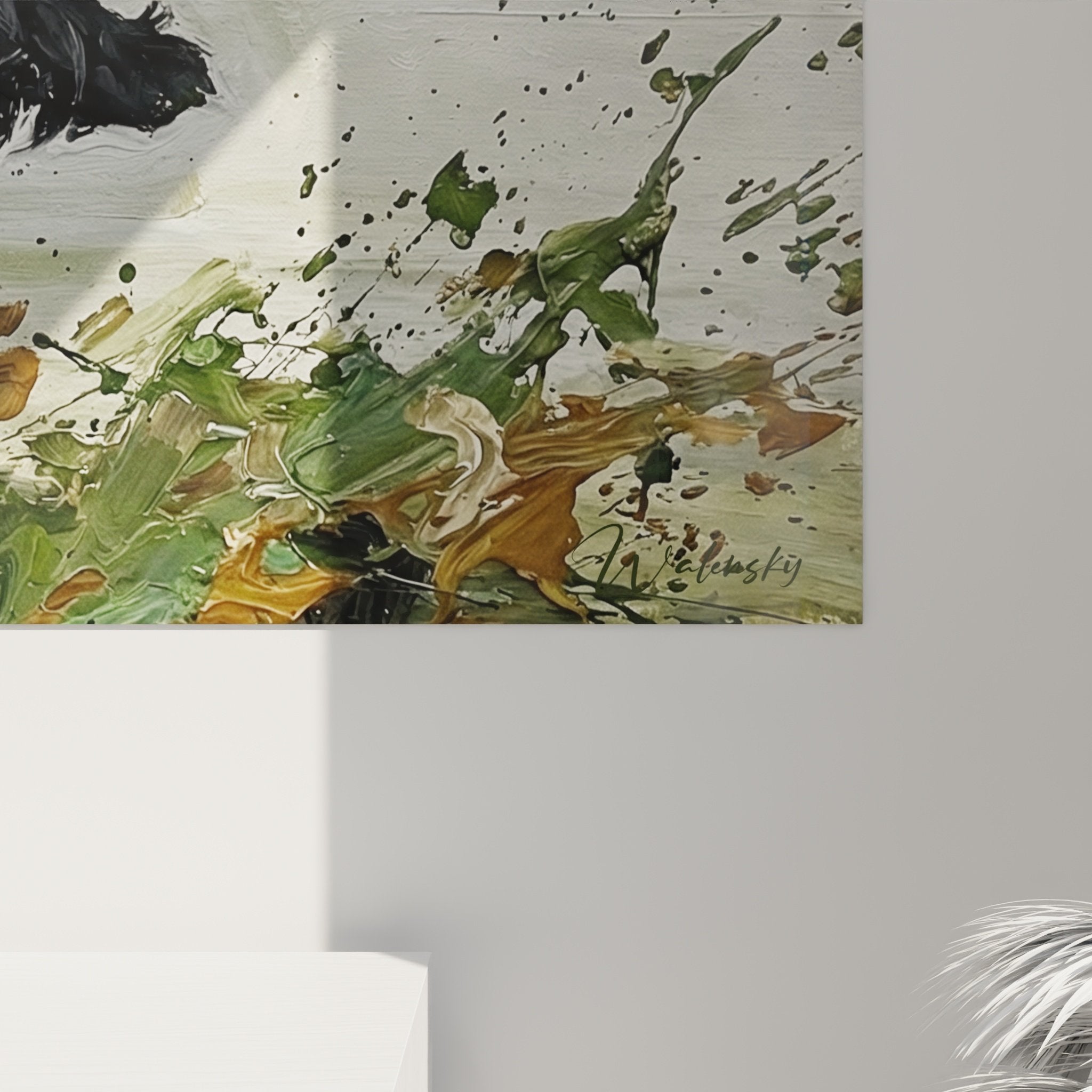 Vue ensemble tableau Scottish Terrier dynamique écume blanche terre ocre style pictural moderne