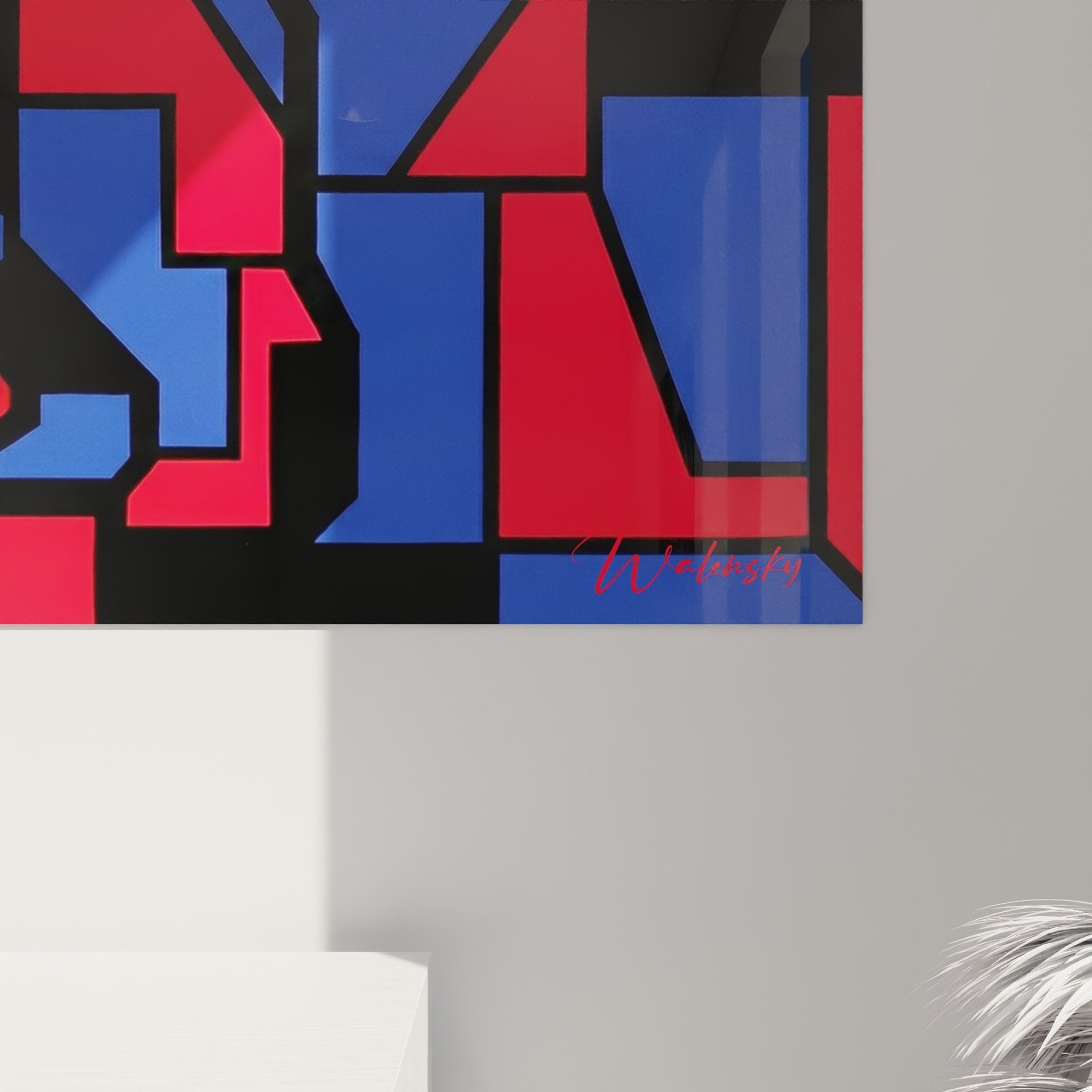 Vue ensemble tableau Scottish Terrier géométrique rouge bleu décoration murale art moderne intérieur