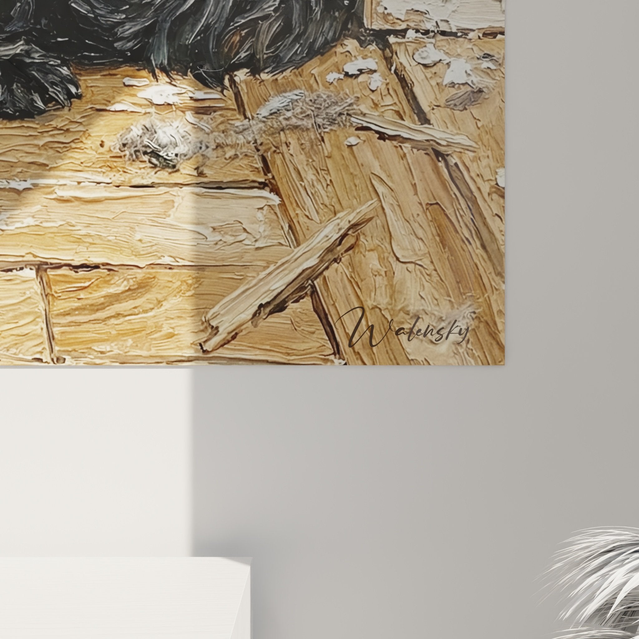 Vue ensemble tableau Scottish Terrier mur beige, œuvre chien noir repos parquet decoration interieure