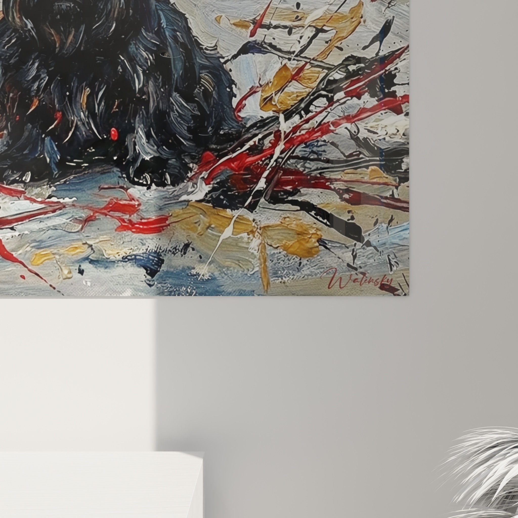 Vue ensemble tableau Scottish Terrier expressionniste salon contemporain decoration murale moderne