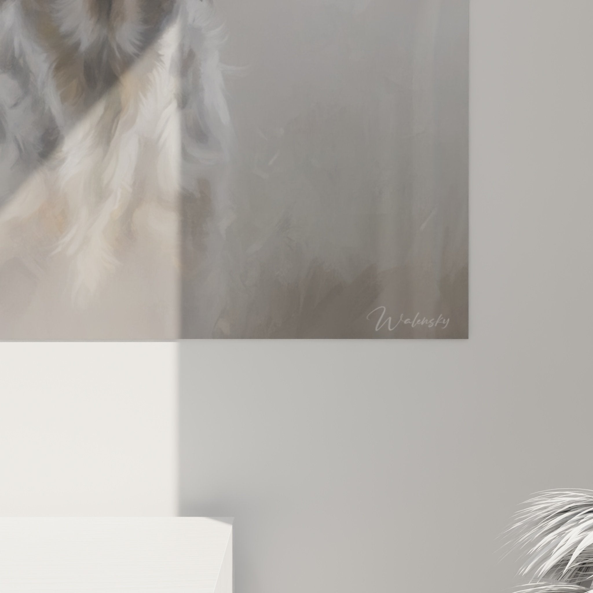 English setter dog portrait wall art living room decor neutral tones gray beige overview