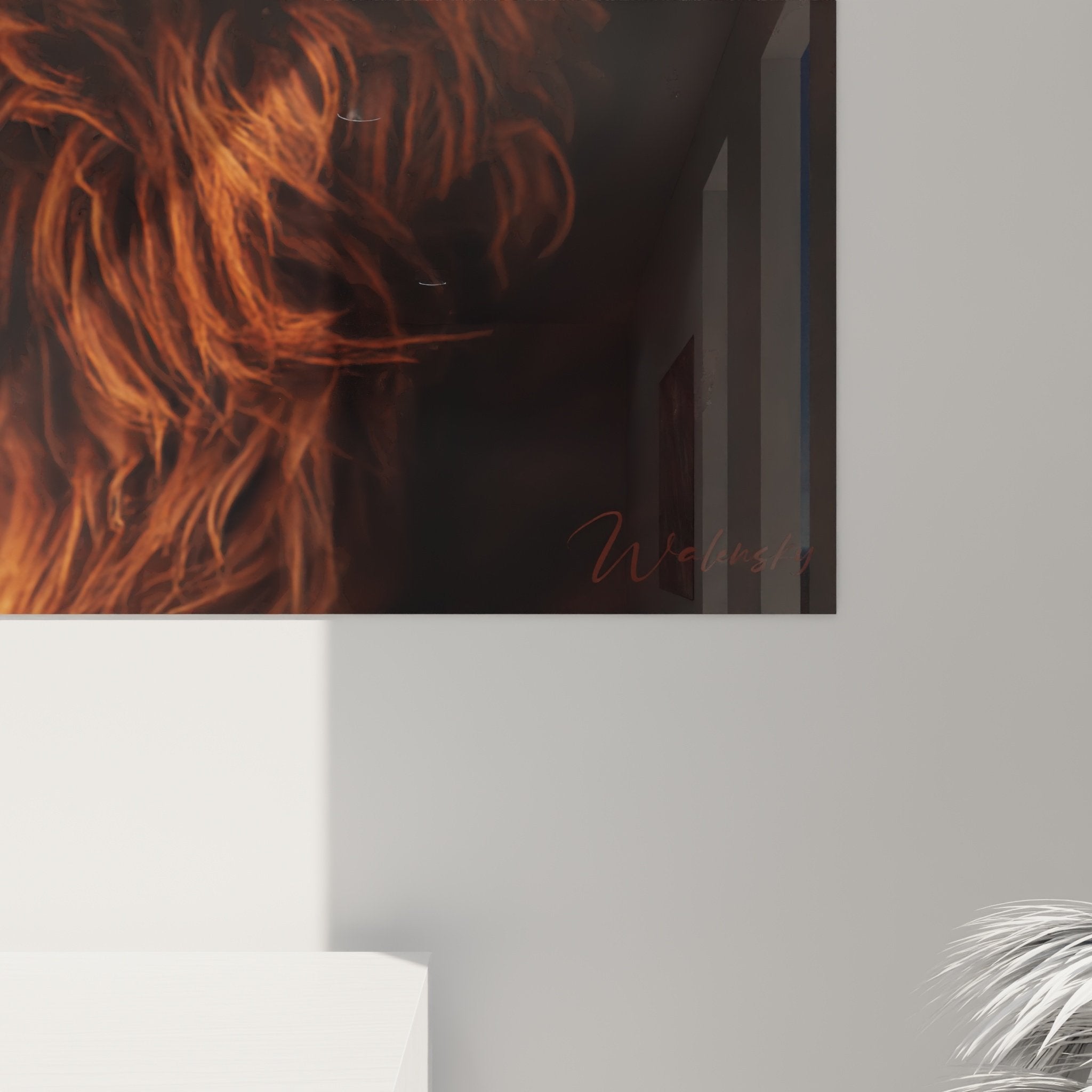 Vue ensemble tableau portrait Setter Irlandais tons chauds decoration murale salon ambiance cosy luminosite naturelle