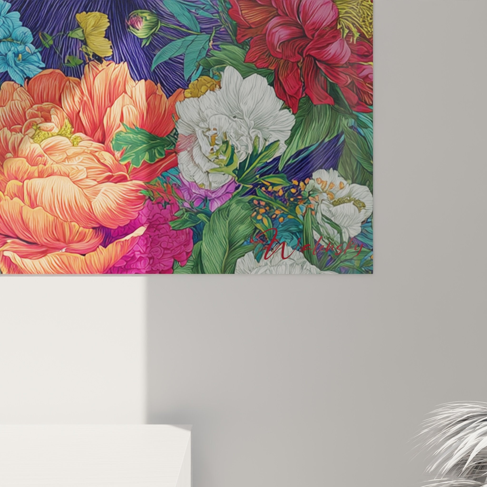 Vue ensemble tableau Shar Pei fleuri violet décoration intérieure moderne colorée