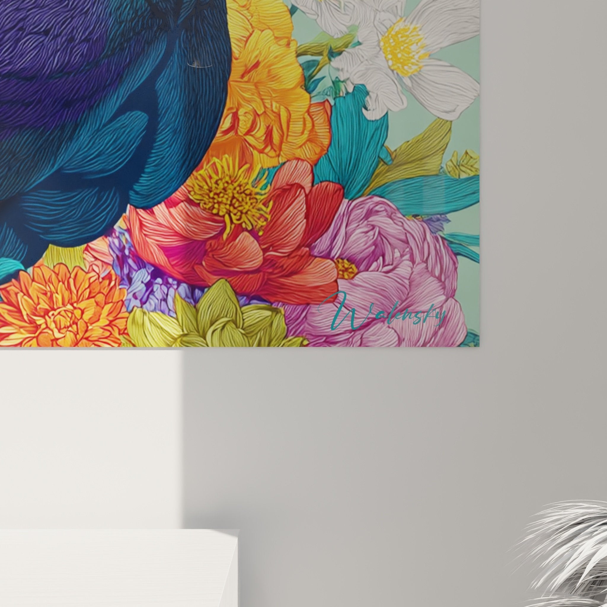 Gesamtansicht Shar Pei Blumenbild violett rot Rosen moderne raffinierte Wanddekoration