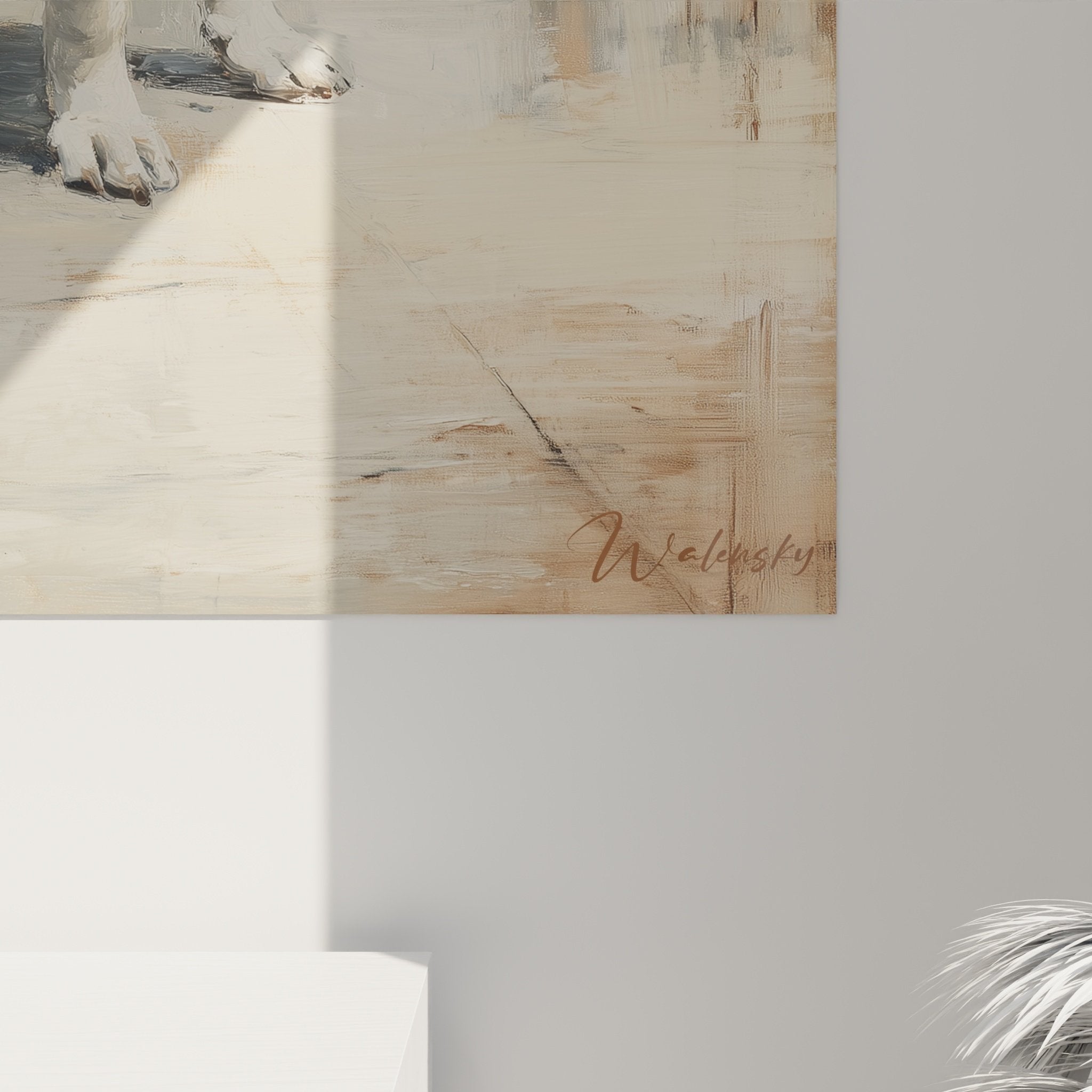 Vue ensemble tableau Shar Pei tons neutres intégré décoration murale contemporaine beige