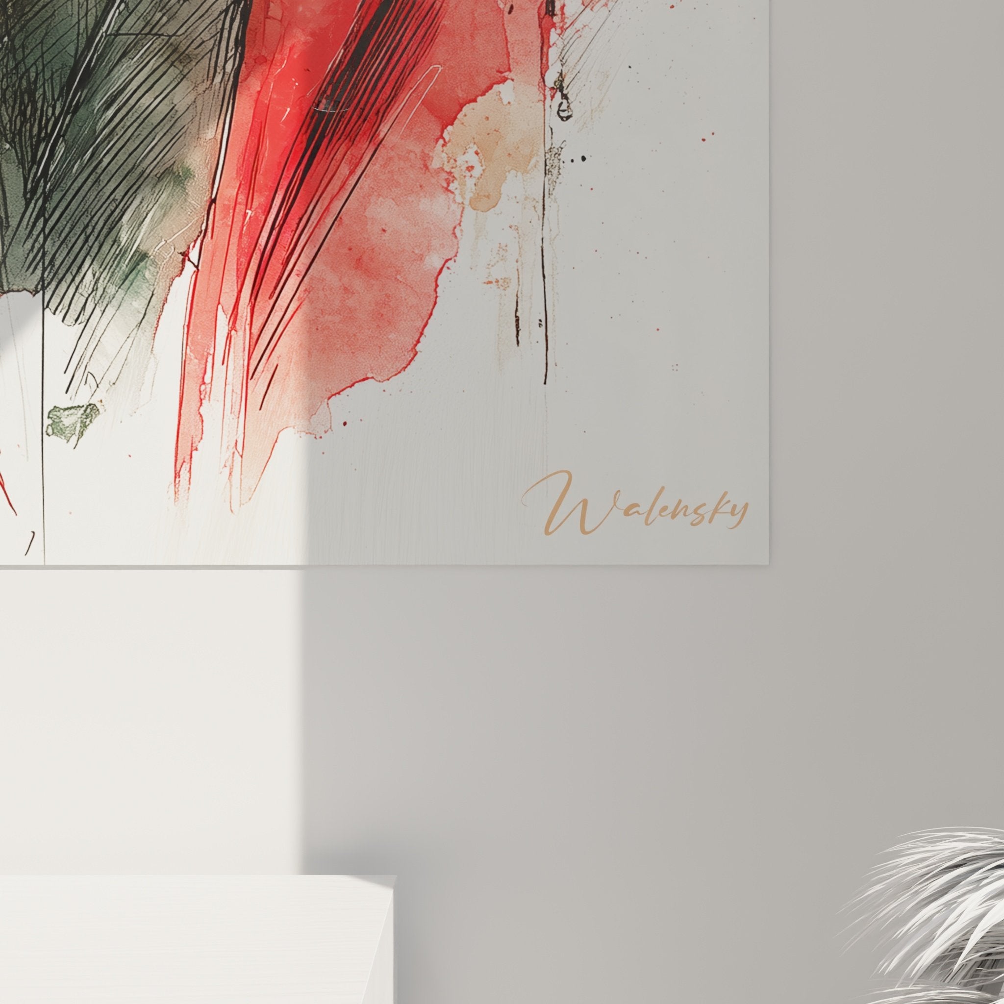 Vue ensemble tableau Shiba Inu elegant costume rouge oiseaux voltigeant art contemporain