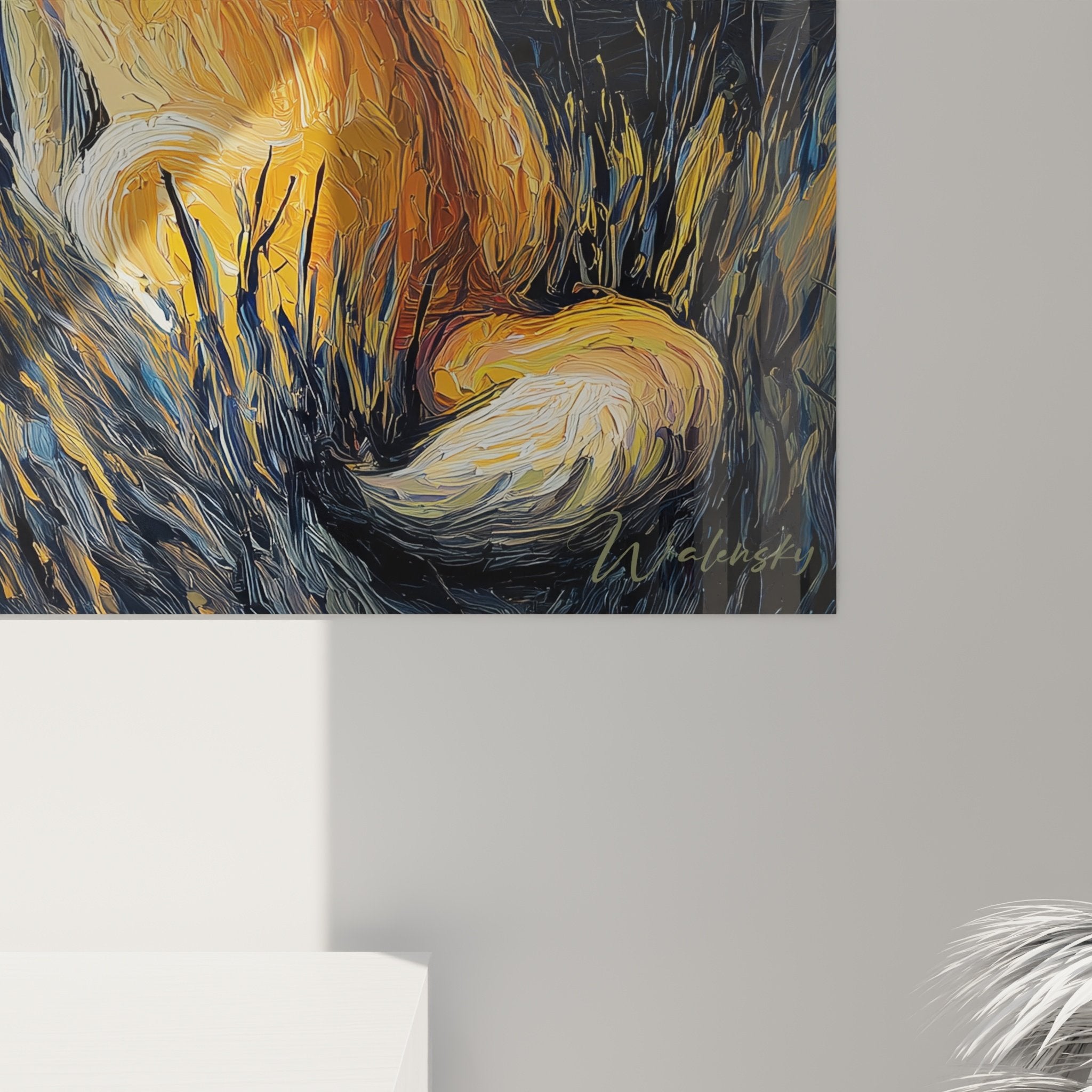 Full view shiba inu painting night sky cosmic spirals wall art