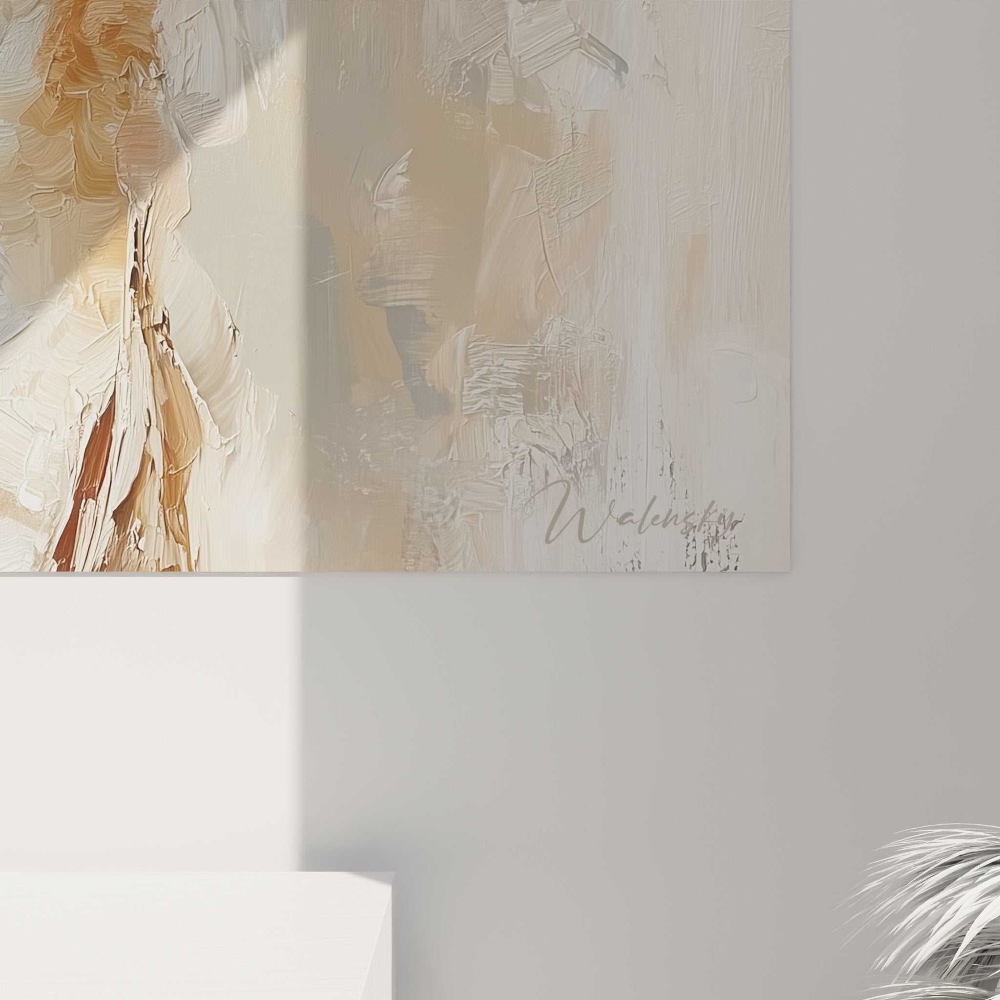 Vue d'ensemble du tableau portrait de chien roux dans intérieur contemporain, ambiance chaleureuse